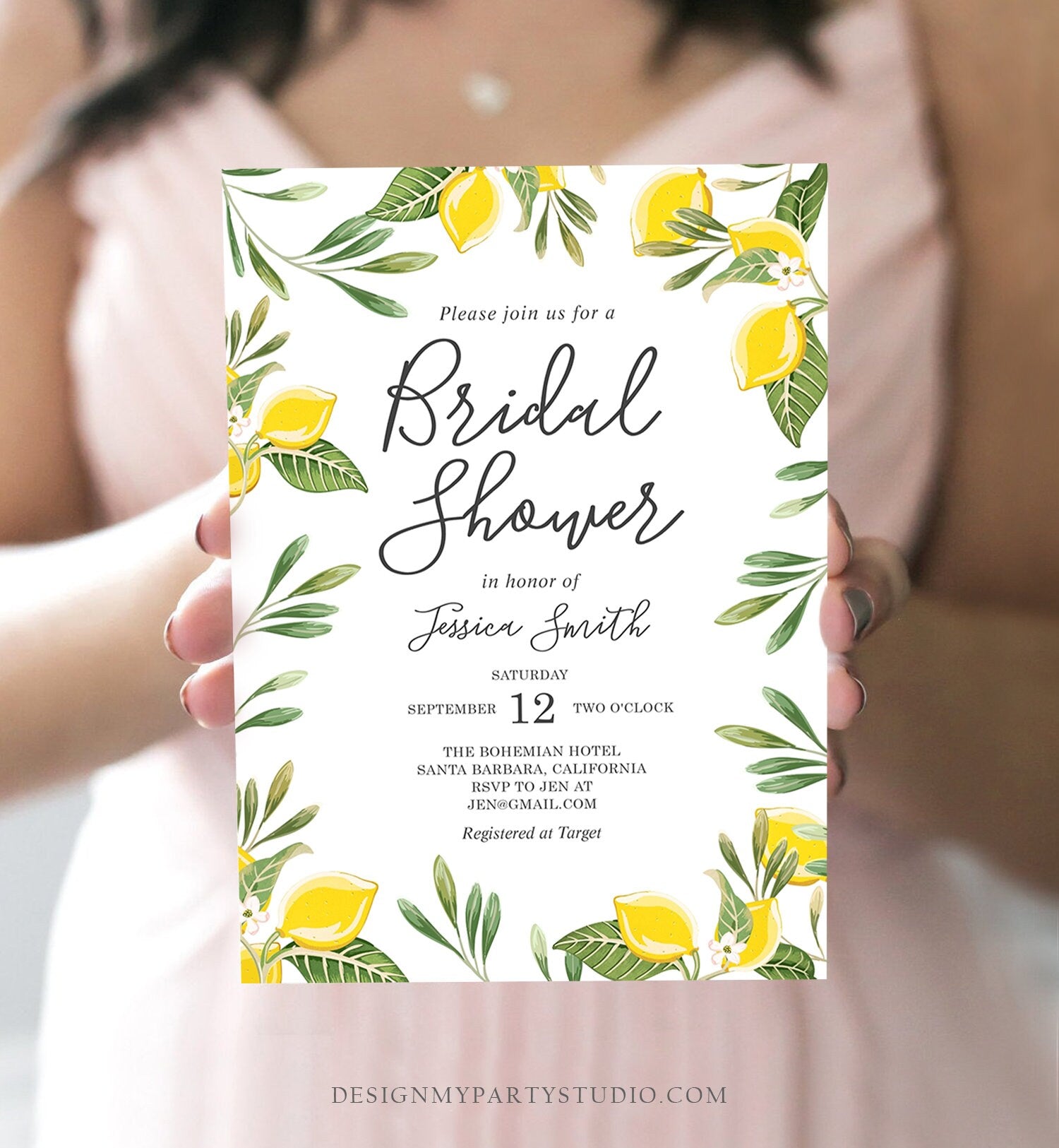 Editable Lemon Bridal Shower Invitation Bohemian Citrus Rustic Greenery Summer Wedding Lemonade Download Corjl Template Printable 0220