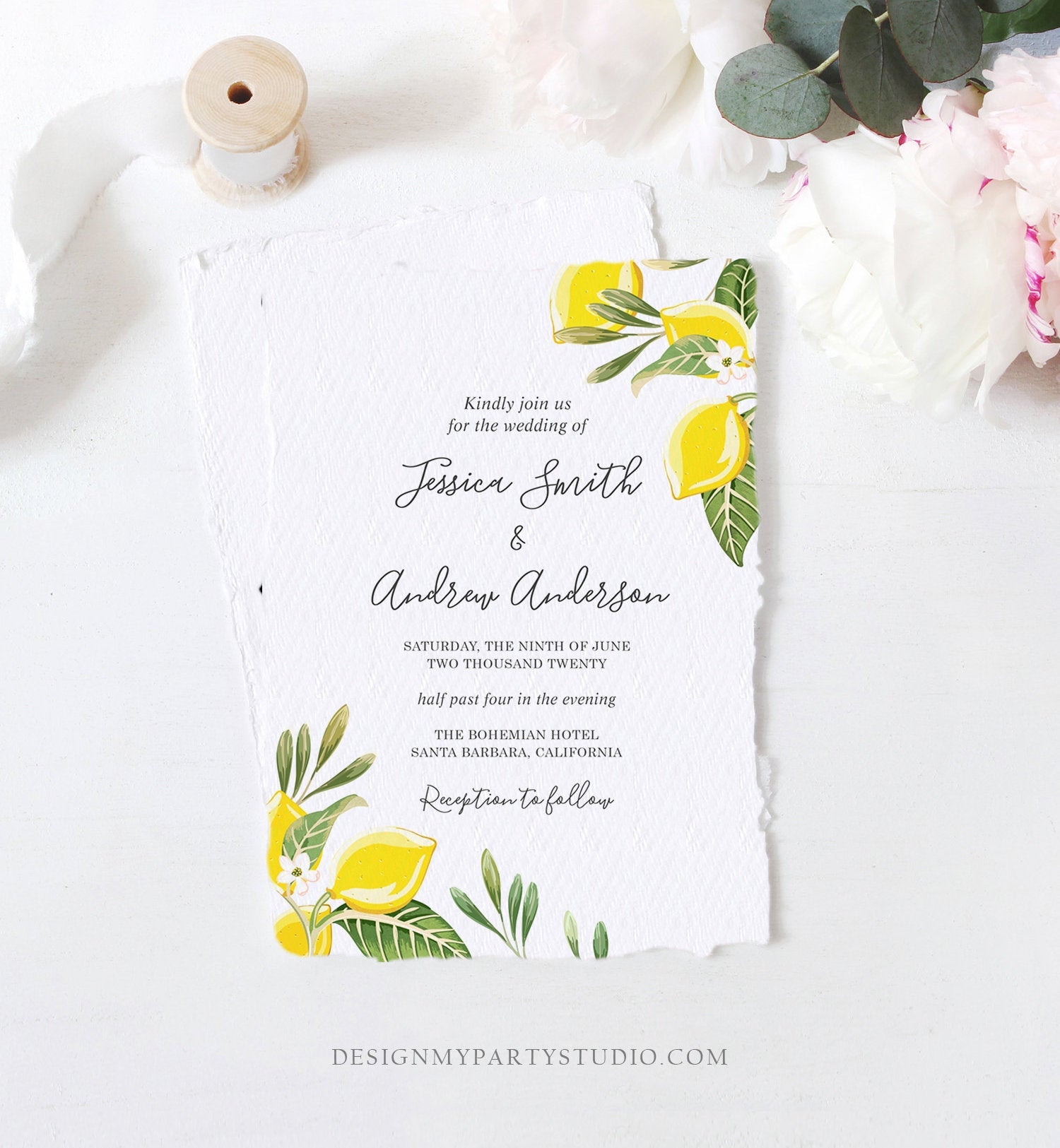 Editable Lemon Wedding Invitation Bohemian Citrus Rustic Greenery Summer Bridal Shower Lemonade Download Corjl Template Printable 0220