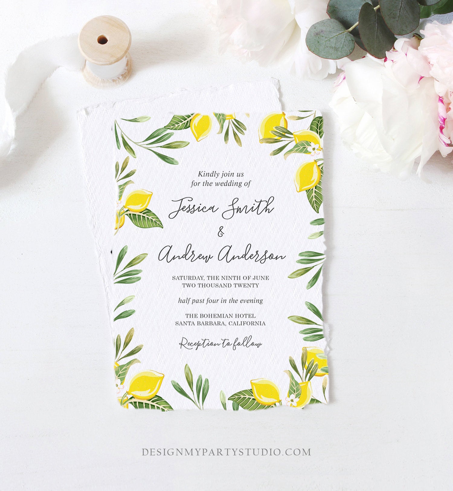 Editable Lemon Wedding Invitation Bohemian Citrus Rustic Greenery Summer Bridal Shower Lemonade Download Corjl Template Printable 0220