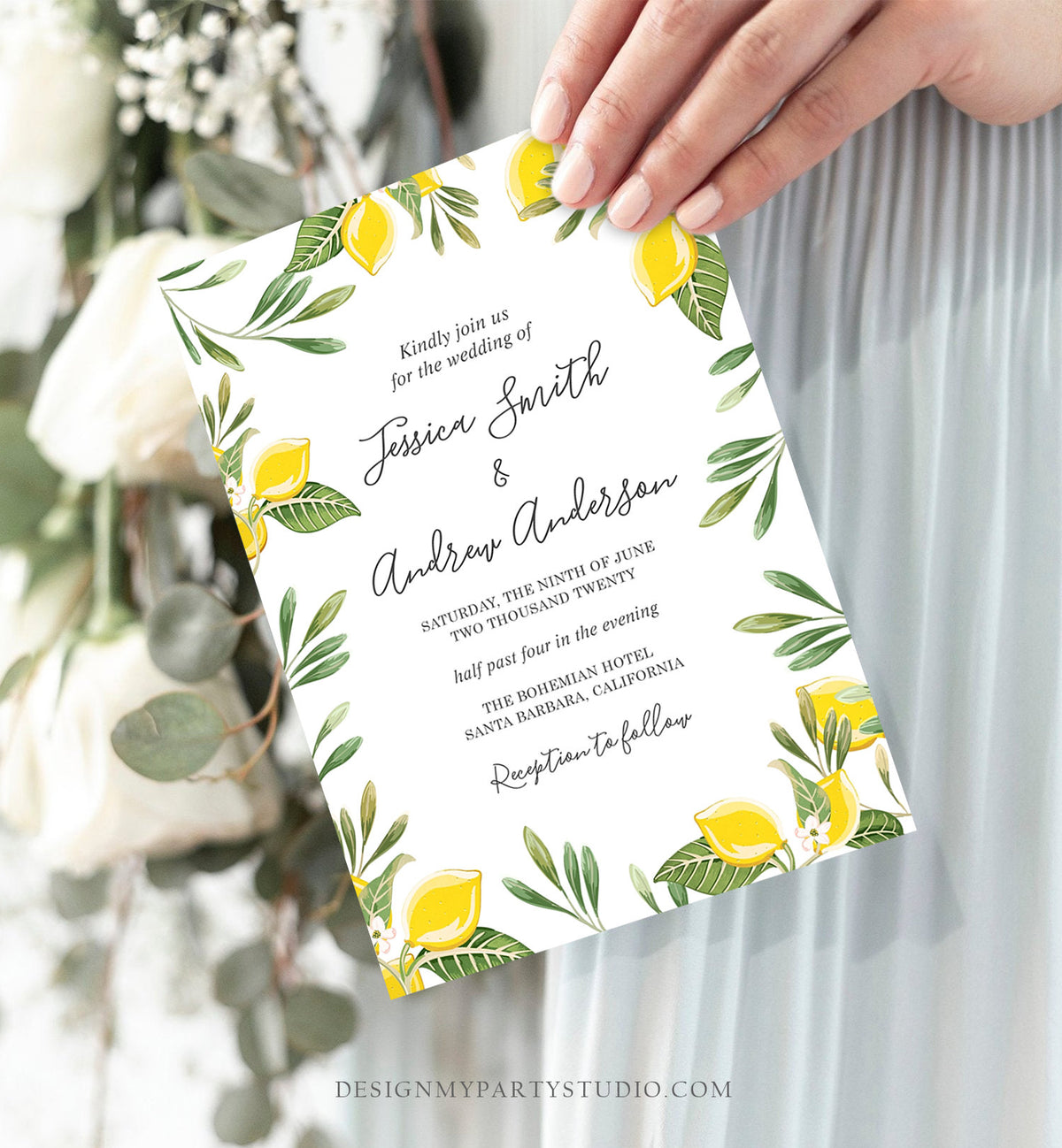 Editable Lemon Wedding Invitation Bohemian Citrus Rustic Greenery Summer Bridal Shower Lemonade Download Corjl Template Printable 0220