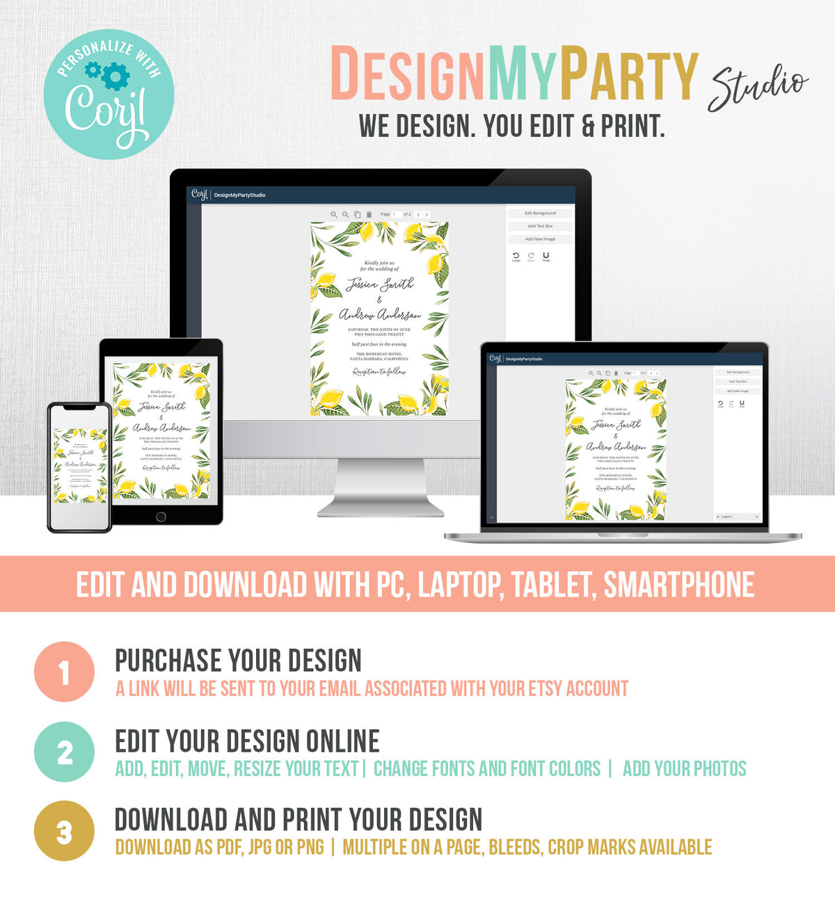 Editable Lemon Wedding Invitation Bohemian Citrus Rustic Greenery Summer Bridal Shower Lemonade Download Corjl Template Printable 0220