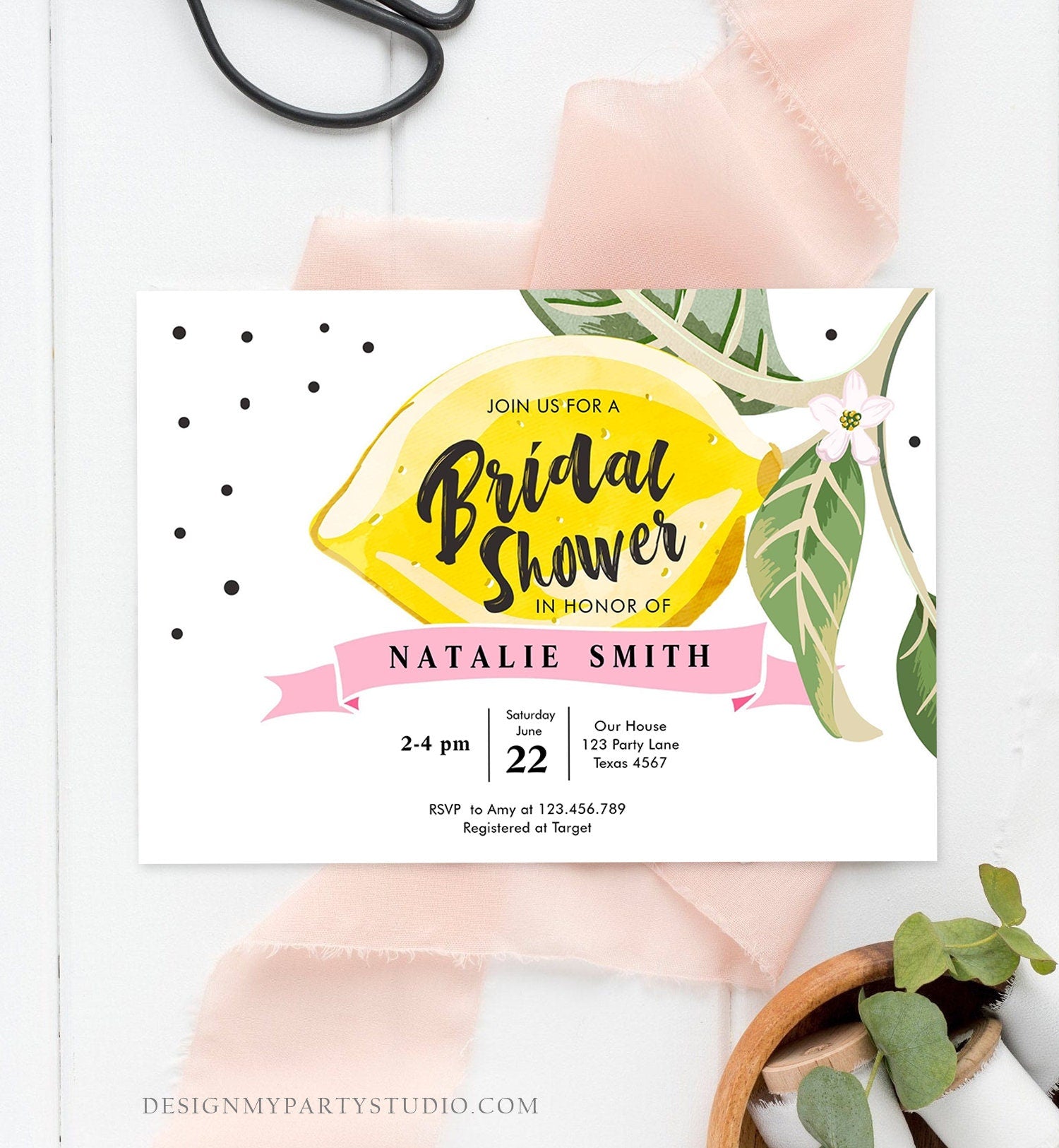 Editable Lemon Bridal Shower Invitation Bohemian Citrus Rustic Greenery Summer Wedding Lemonade Download Corjl Template Printable 0307