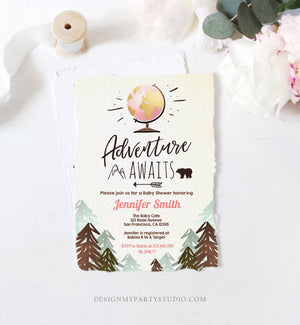 Editable Adventure Awaits Baby Shower Invitation Forest Woodland Vintage Globe Travel Around the World Digital Corjl Template Printable 0044