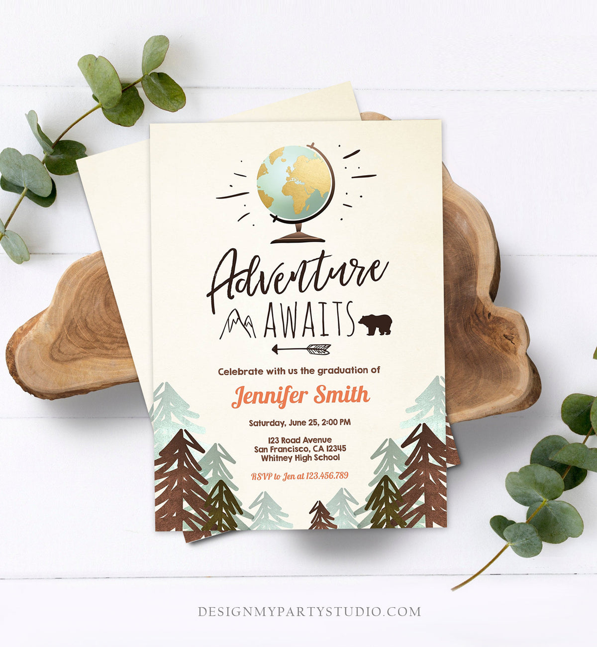 Editable Adventure Awaits Graduation Party Invitation Forest Woodland Vintage Travel College High School Grad Digital Corjl Template 0044
