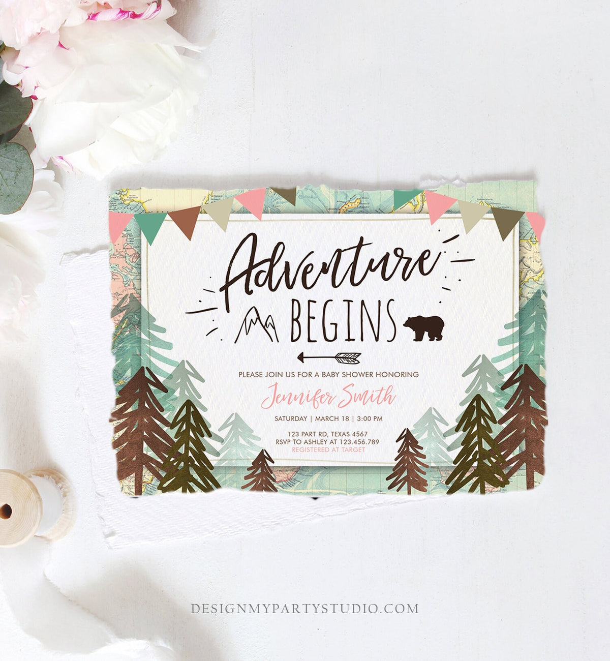 Editable Adventure Begins Baby Shower Invitation Forest Woodland Vintage Pink Travel Around the World Awaits Corjl Template Printable 0044