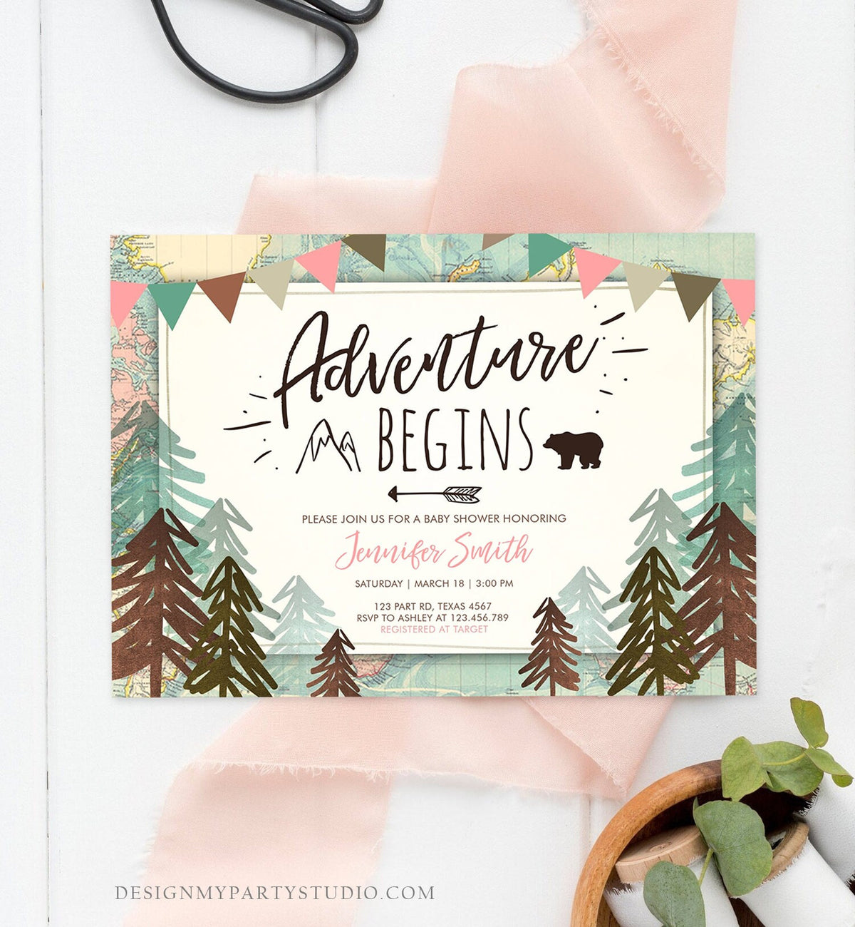 Editable Adventure Begins Baby Shower Invitation Forest Woodland Vintage Pink Travel Around the World Awaits Corjl Template Printable 0044