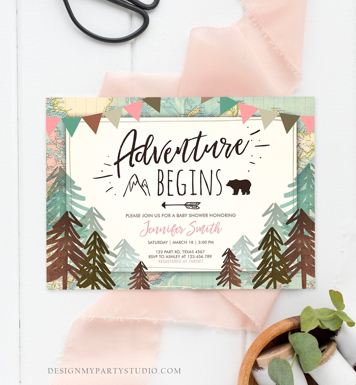 Editable Adventure Begins Baby Shower Invitation Forest Woodland Vintage Pink Travel Around the World Awaits Corjl Template Printable 0044