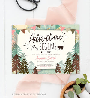 Editable Adventure Begins Baby Shower Invitation Forest Woodland Vintage Pink Travel Around the World Awaits Corjl Template Printable 0044