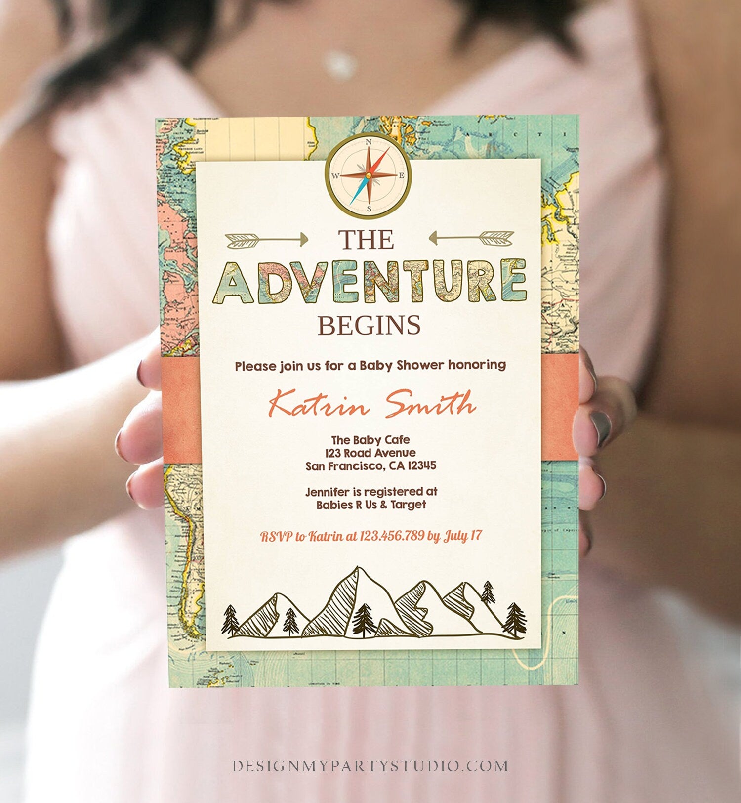 Editable Adventure Begins Baby Shower Invitation Forest Mountains Vintage World Map Travel Around Digital Corjl Template Printable 0044