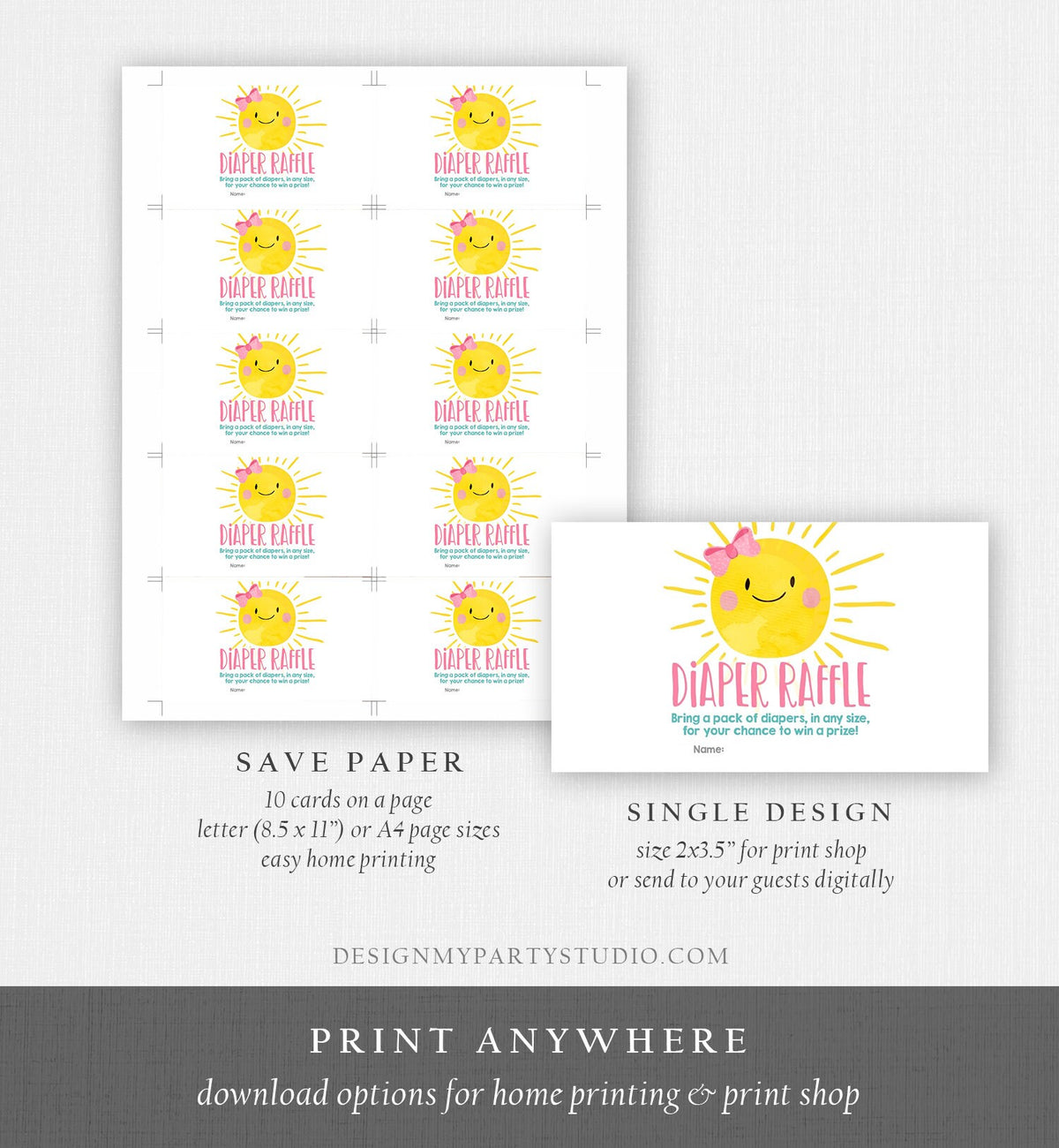 Editable Sunshine Diaper Raffle Ticket Ray of Sunshine Baby Shower Girl Pink Bow Game Little Sunshine Ticket Corjl Template Printable 0141