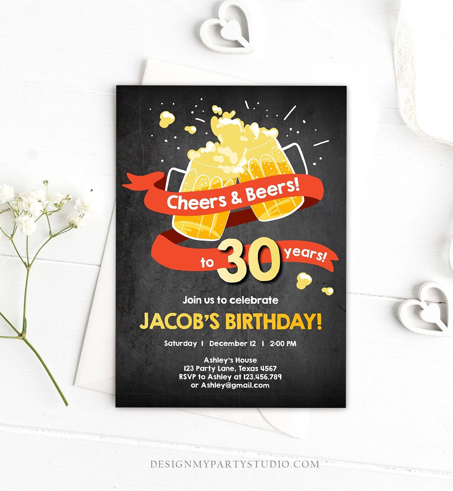 Editable Cheers and Beers Birthday Invitation ANY AGE Adult 30th 40th 50th Surprise Party Chalk Instant Download Corjl Template Printable