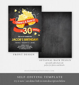 Editable Cheers and Beers Birthday Invitation ANY AGE Adult 30th 40th 50th Surprise Party Chalk Instant Download Corjl Template Printable