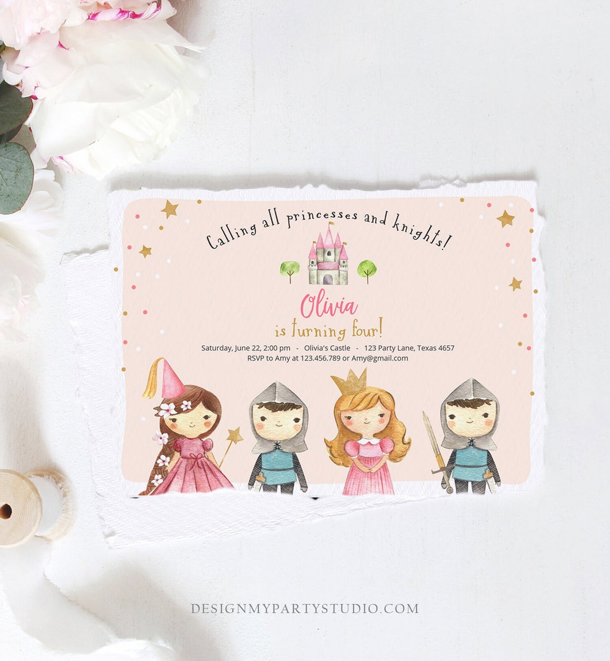 Editable Princess and Knight Birthday invitation Once Upon a Time Princess Birthday Girl Pink Castle Download Printable Template Corjl 0171