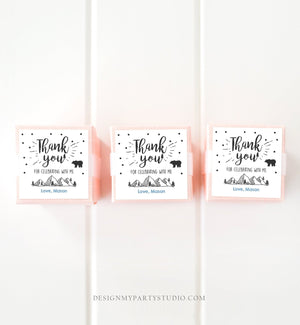 Editable Adventure Thank You Tags Boy Birthday Mountains Bear Woodland Wild One Stickers Favor Round Square Onederful Corjl Template 0083