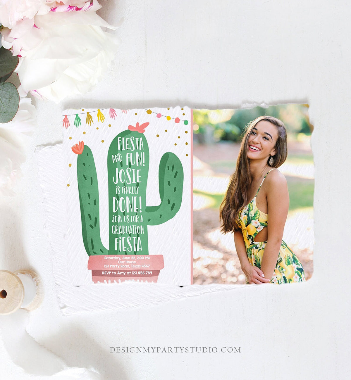 Editable Graduation Fiesta and Fun Party Invitation Finally Done Let's Fiesta Cactus College High School Grad Corjl Template Printable 0255