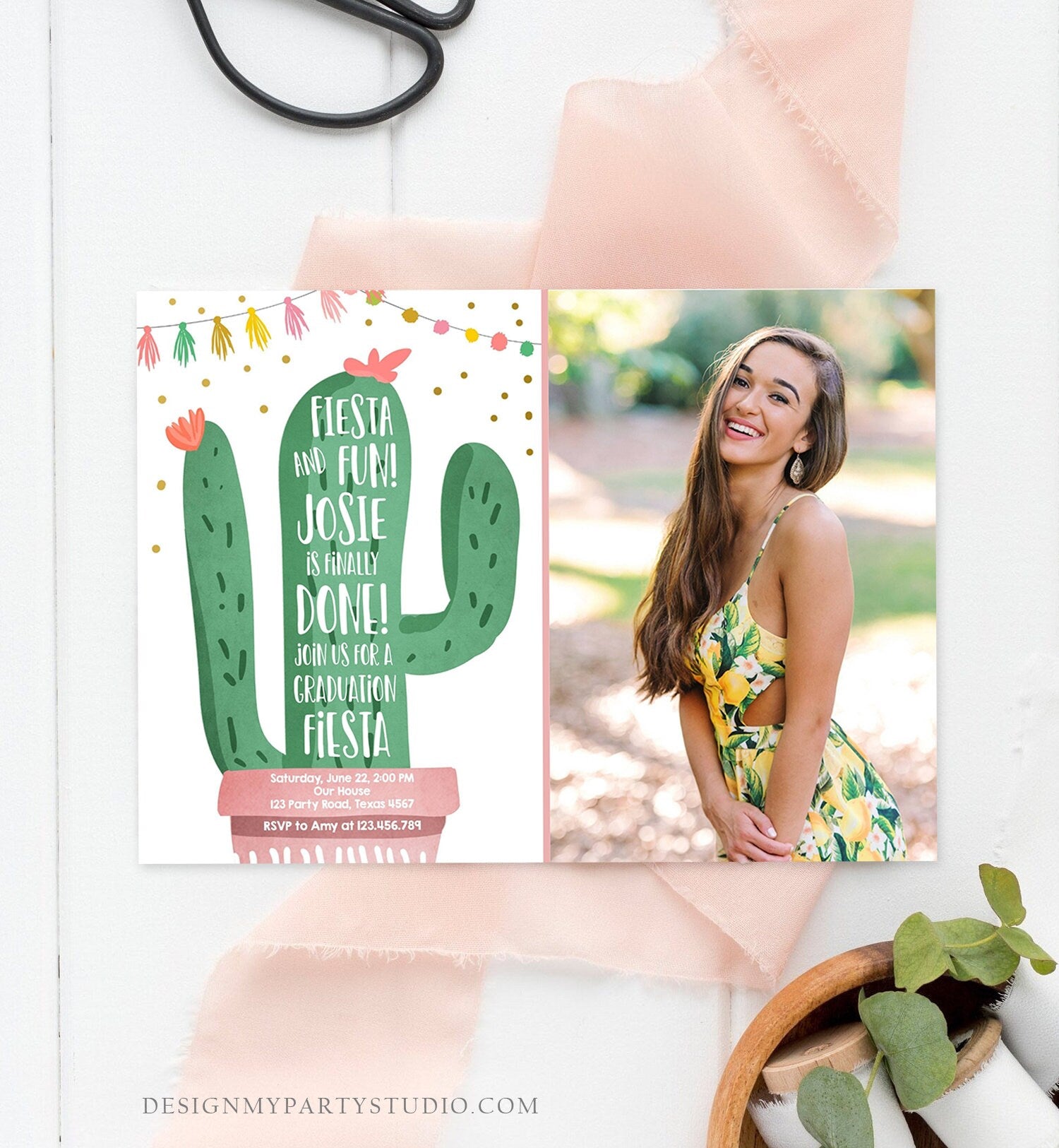 Editable Graduation Fiesta and Fun Party Invitation Finally Done Let's Fiesta Cactus College High School Grad Corjl Template Printable 0255