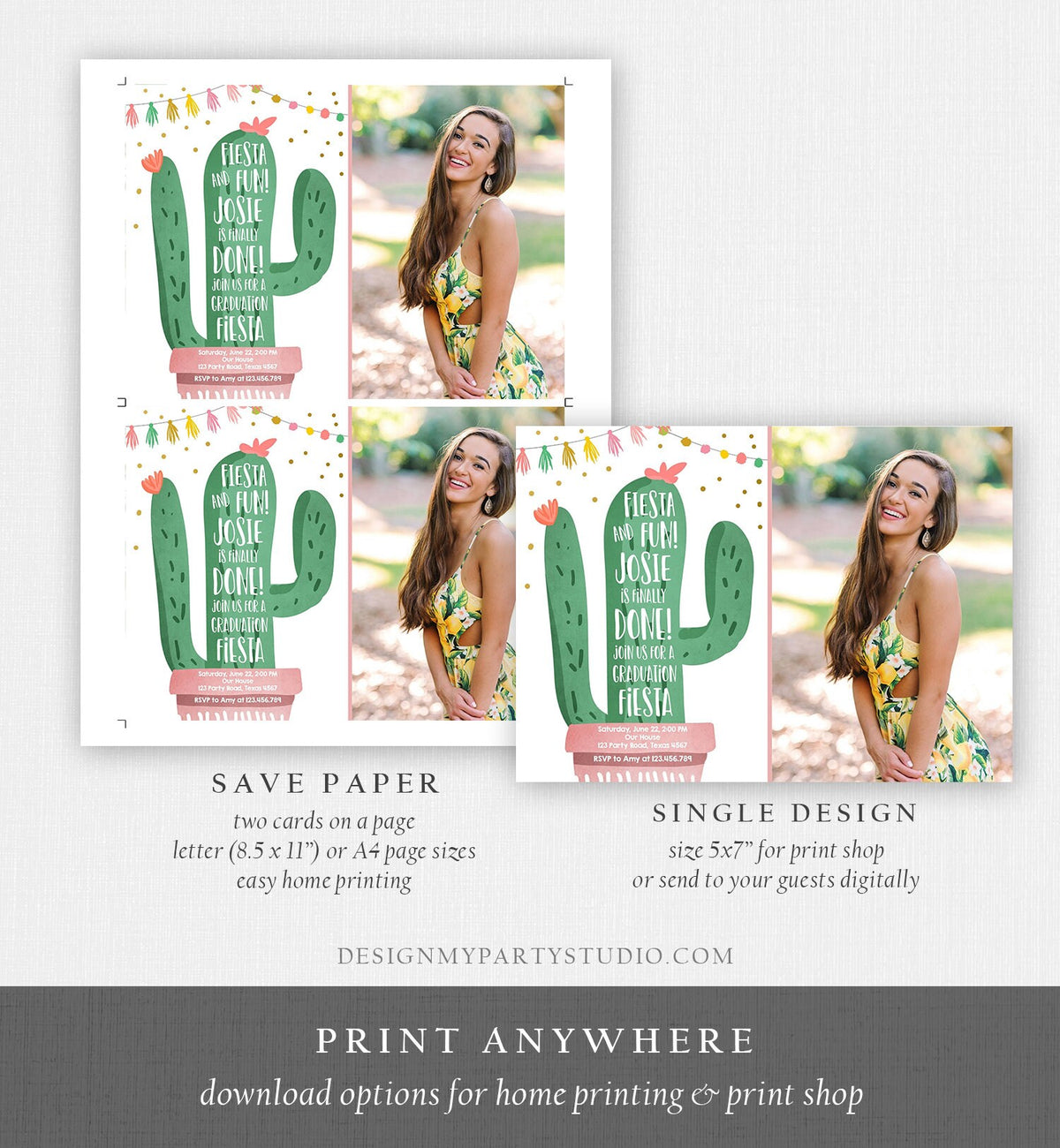 Editable Graduation Fiesta and Fun Party Invitation Finally Done Let's Fiesta Cactus College High School Grad Corjl Template Printable 0255