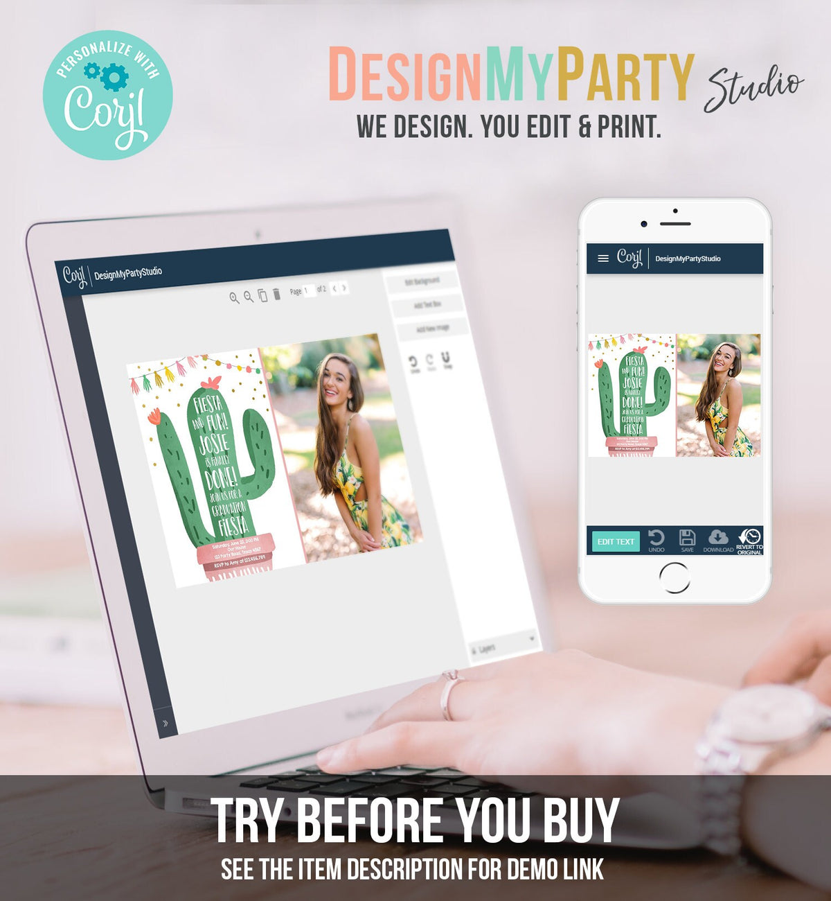 Editable Graduation Fiesta and Fun Party Invitation Finally Done Let's Fiesta Cactus College High School Grad Corjl Template Printable 0255