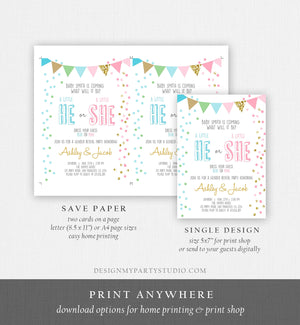 Editable Gender Reveal Invitation Confetti Blue or Pink Gold Boy or Girl He or She Rustic Instant Download Printable Template Corjl 0228