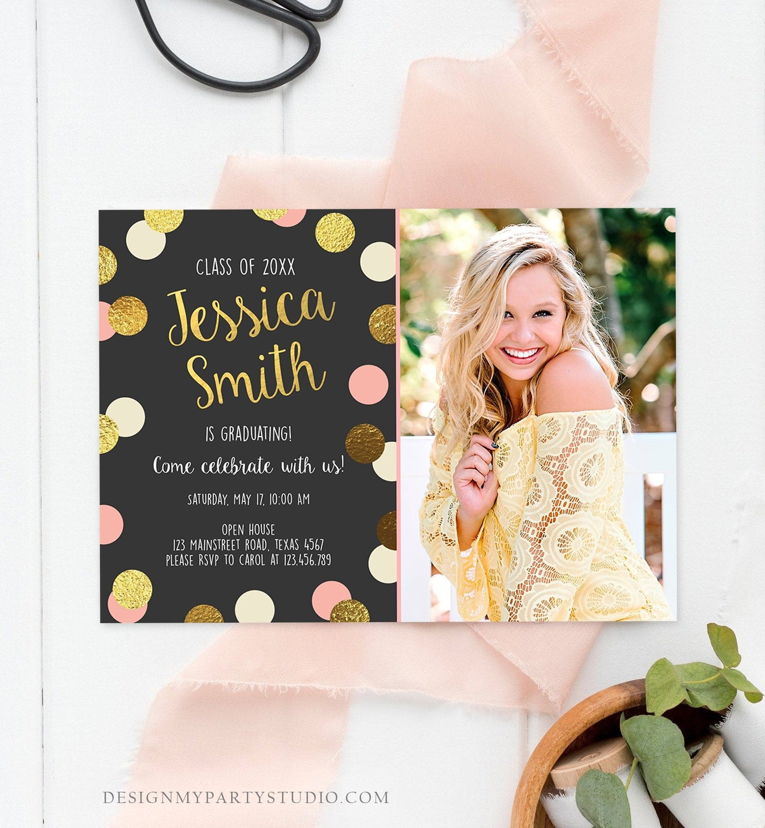 Editable Graduation Party Invitation Gold Pink Girl Polka Dots Glamoro - Design My Party Studio for Free Printable Graduation Party Invitations Templates
