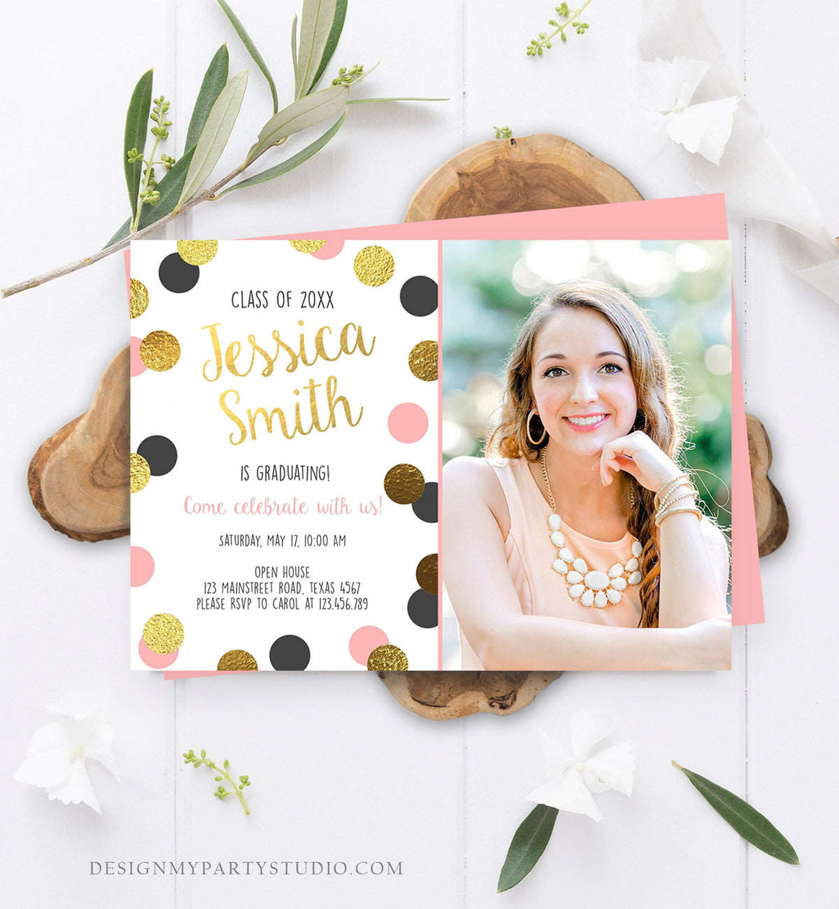 Editable Graduation Party Invitation Gold Pink Girl Polka Dots Glamorous College High School Grad Download Corjl Template Printable 0304