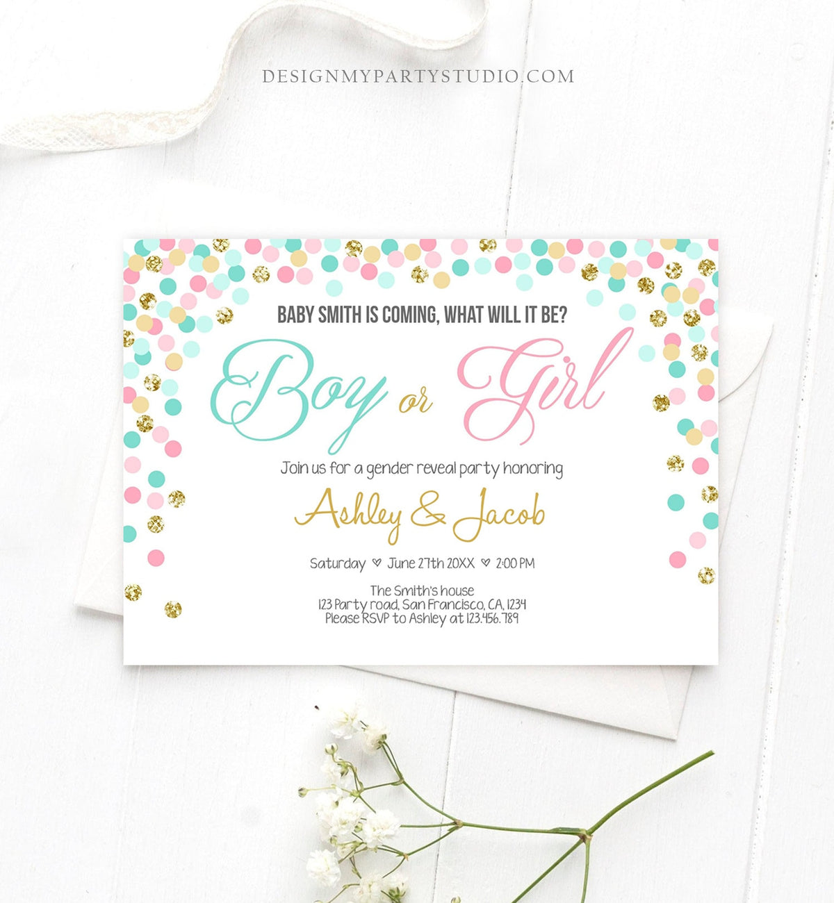 Editable Gender Reveal Invitation Confetti Blue or Pink Gold Boy or Girl He or She Rustic Instant Download Printable Template Corjl 0133