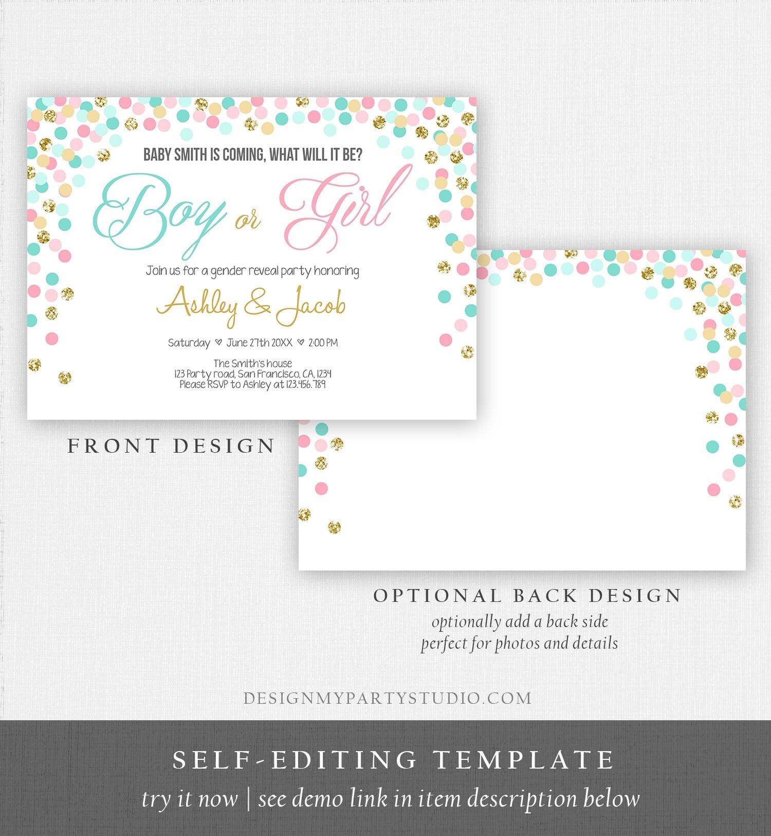 Editable Gender Reveal Invitation Confetti Blue or Pink Gold Boy or Girl He or She Rustic Instant Download Printable Template Corjl 0133