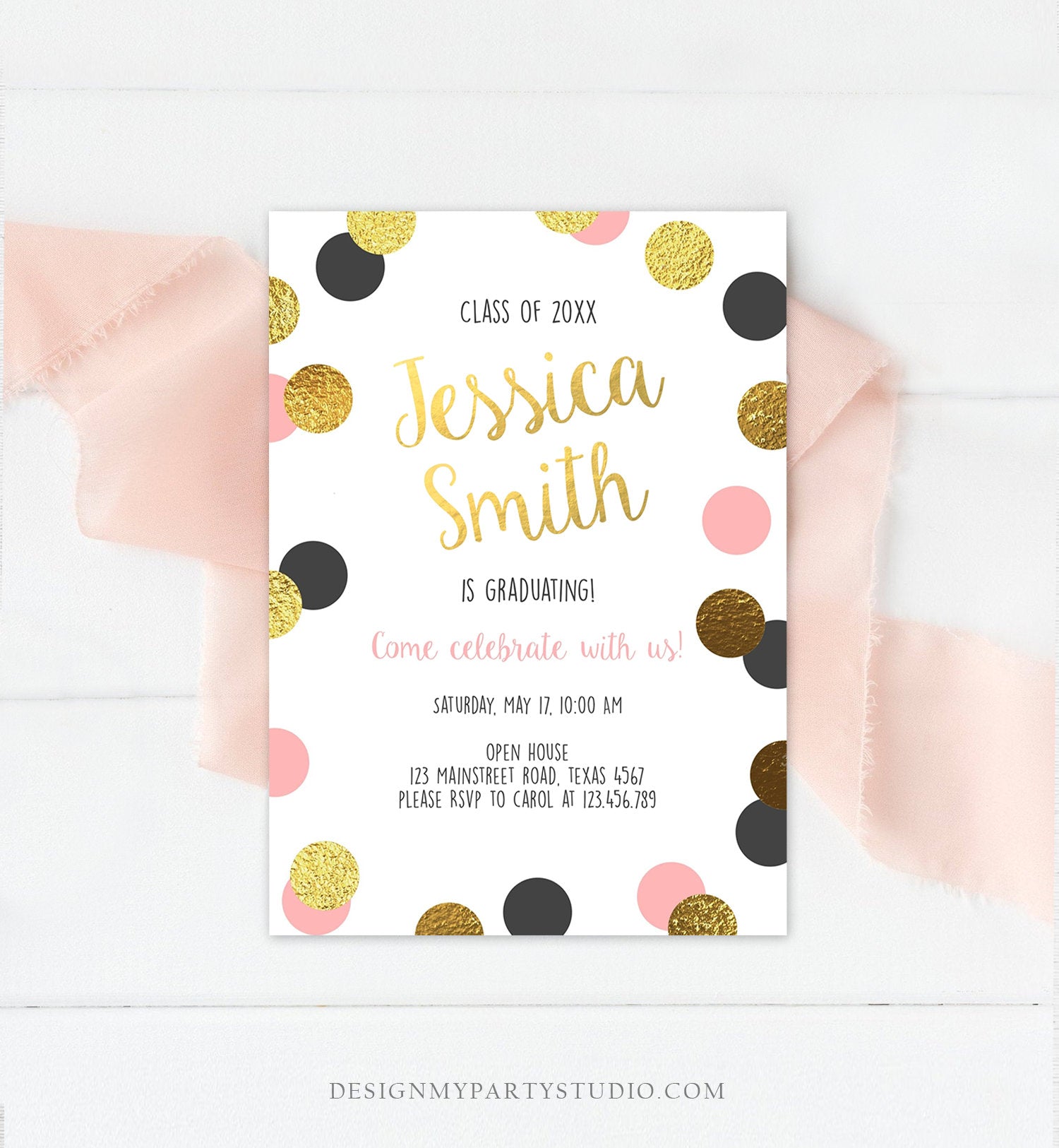 Editable Graduation Party Invitation Gold Pink Girl Polka Dots Glamorous College High School Grad Download Corjl Template Printable 0304