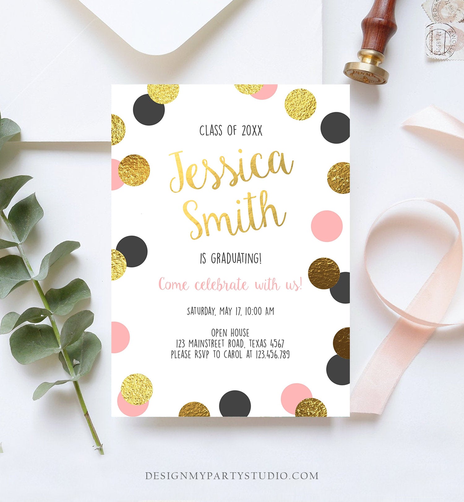 Editable Graduation Party Invitation Gold Pink Girl Polka Dots Glamorous College High School Grad Download Corjl Template Printable 0304