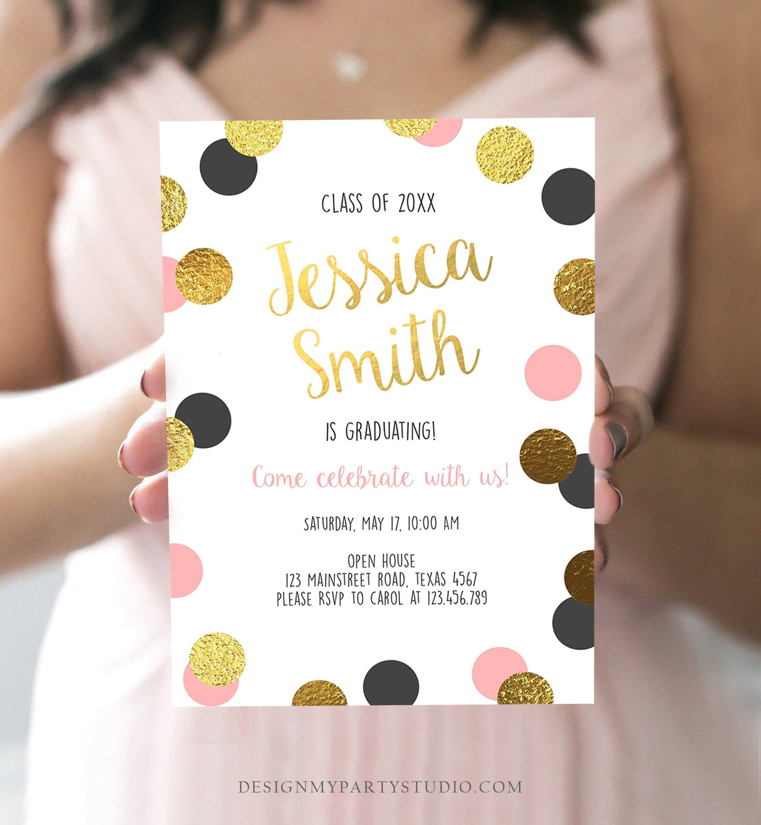 Editable Graduation Party Invitation Gold Pink Girl Polka Dots Glamoro - Design My Party Studio for Free Printable Grad Party Invites