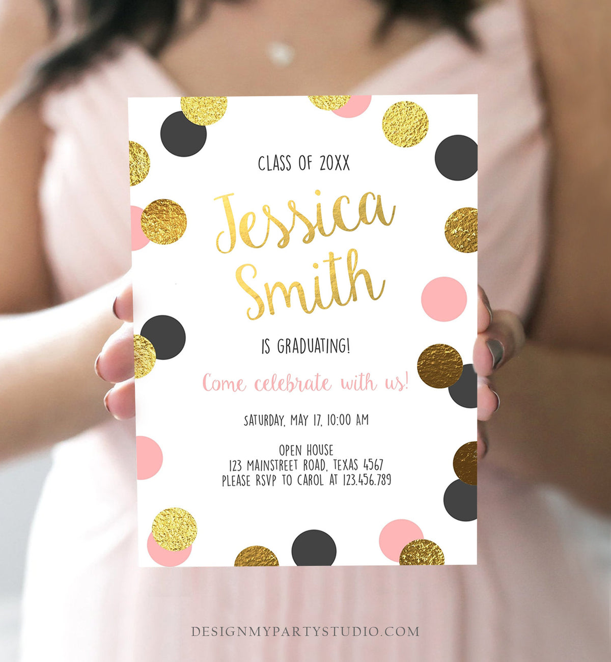 Editable Graduation Party Invitation Gold Pink Girl Polka Dots Glamorous College High School Grad Download Corjl Template Printable 0304