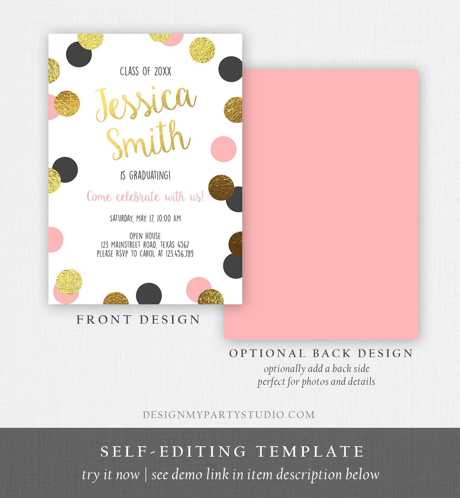 Editable Graduation Party Invitation Gold Pink Girl Polka Dots Glamorous College High School Grad Download Corjl Template Printable 0304