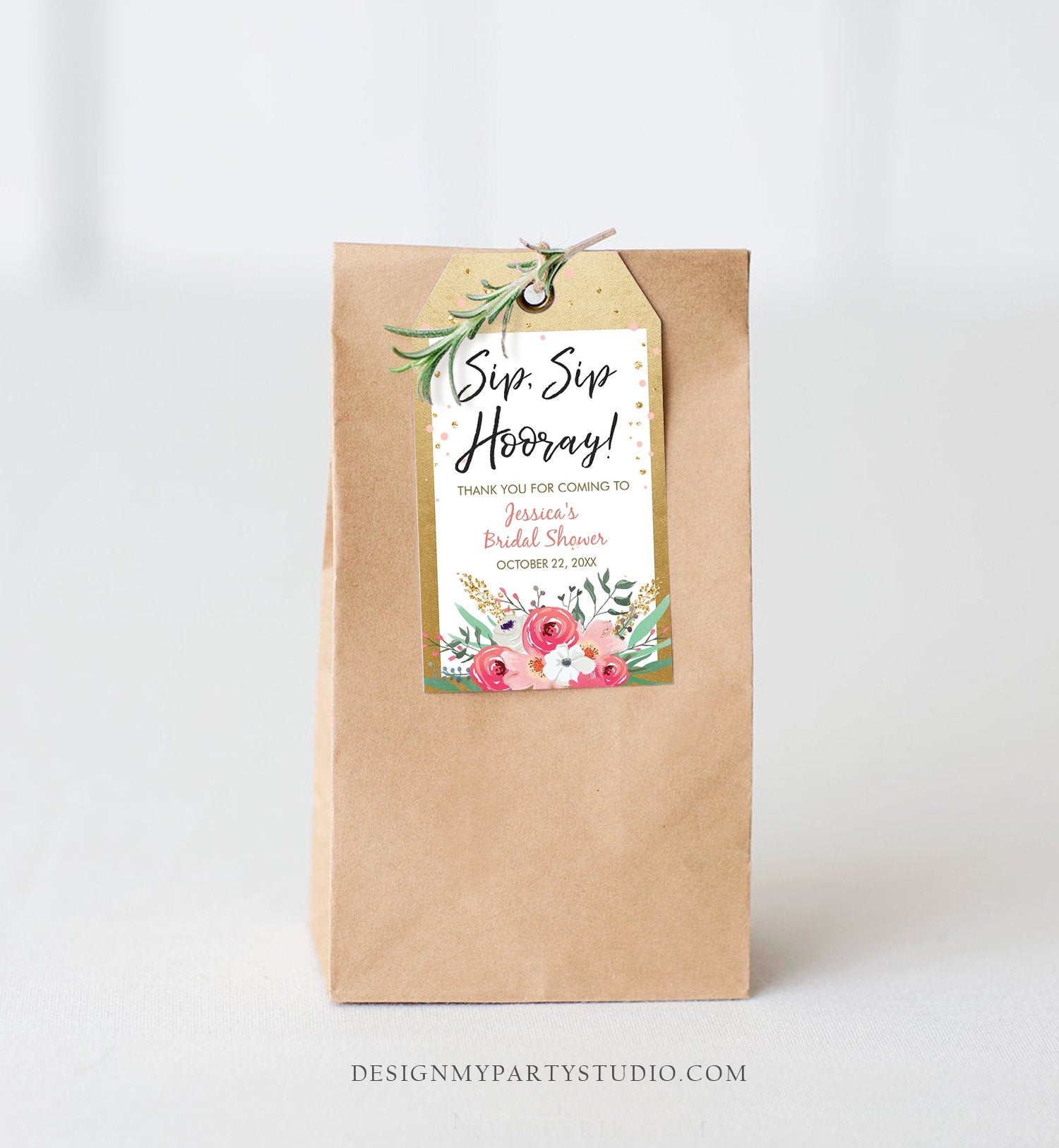 Editable Sip Sip Hooray Bridal Shower Thank You Tags Mini Wine Champagne Bottle Favor Wedding Pink Floral Gold Confetti Corjl Template 0059