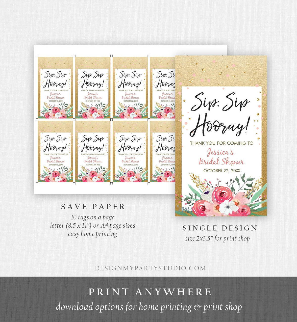 Editable Sip Sip Hooray Bridal Shower Thank You Tags Mini Wine Champagne Bottle Favor Wedding Pink Floral Gold Confetti Corjl Template 0059