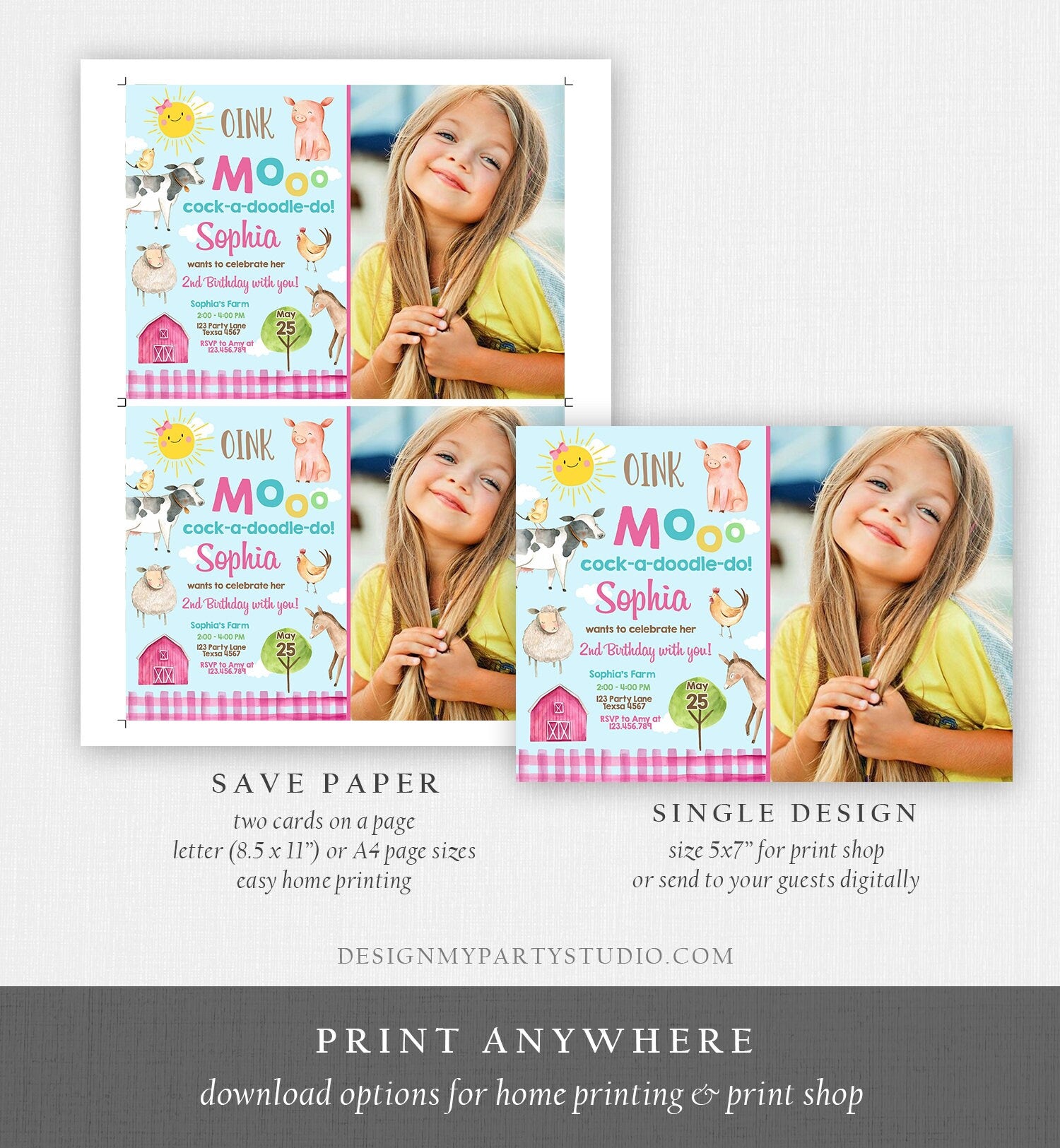 Editable Farm Birthday Invitation Girl Farm Animals Pink Barnyard Party Invite Download Printable Invitation Template Digital Corjl 0160