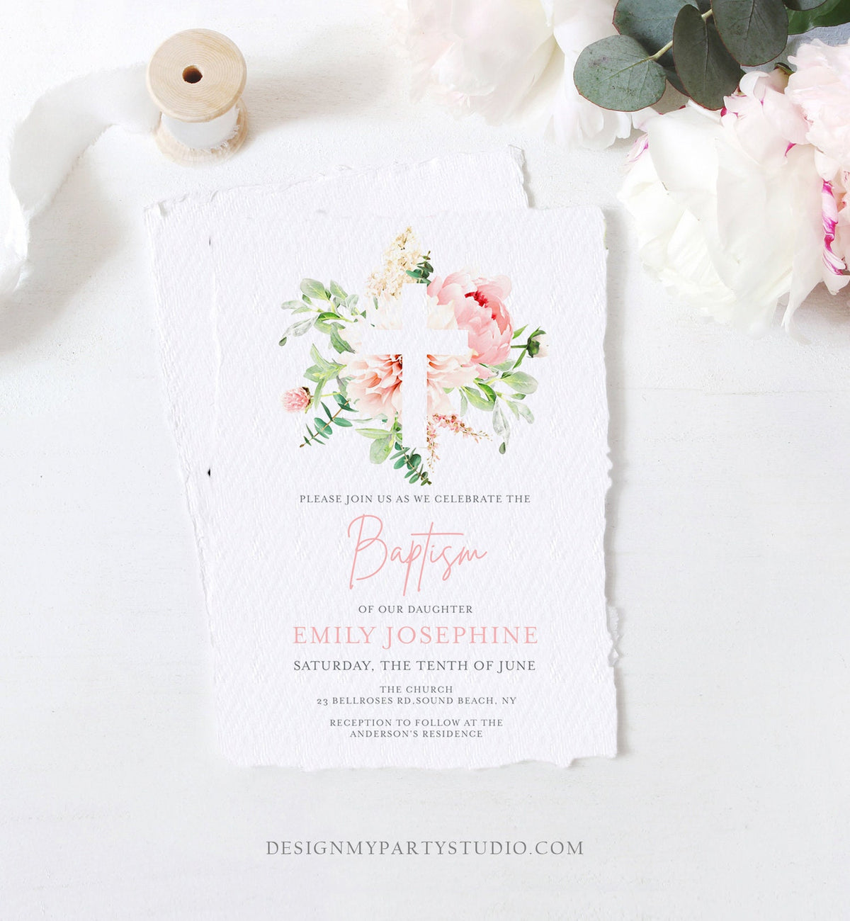 Editable Floral Baptism Invitation Pink Girl Botanical Flowers Greenery Pastel Watercolor Peony Colors Digital Corjl Template Printable 0167