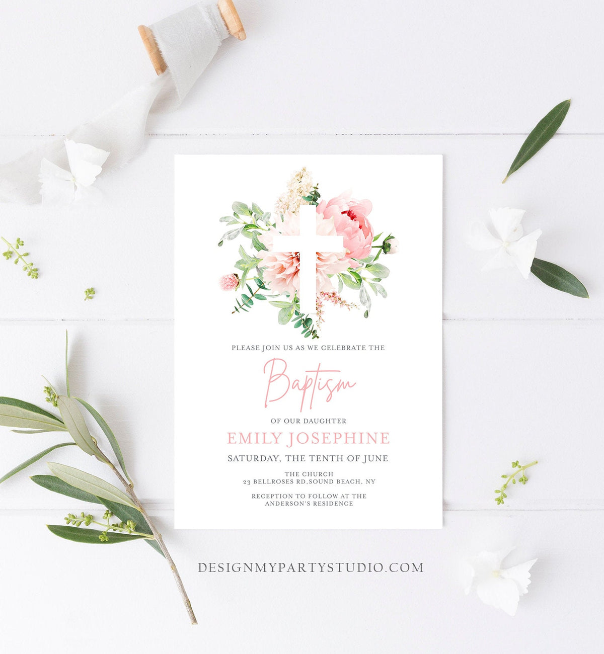 Editable Floral Baptism Invitation Pink Girl Botanical Flowers Greenery Pastel Watercolor Peony Colors Digital Corjl Template Printable 0167