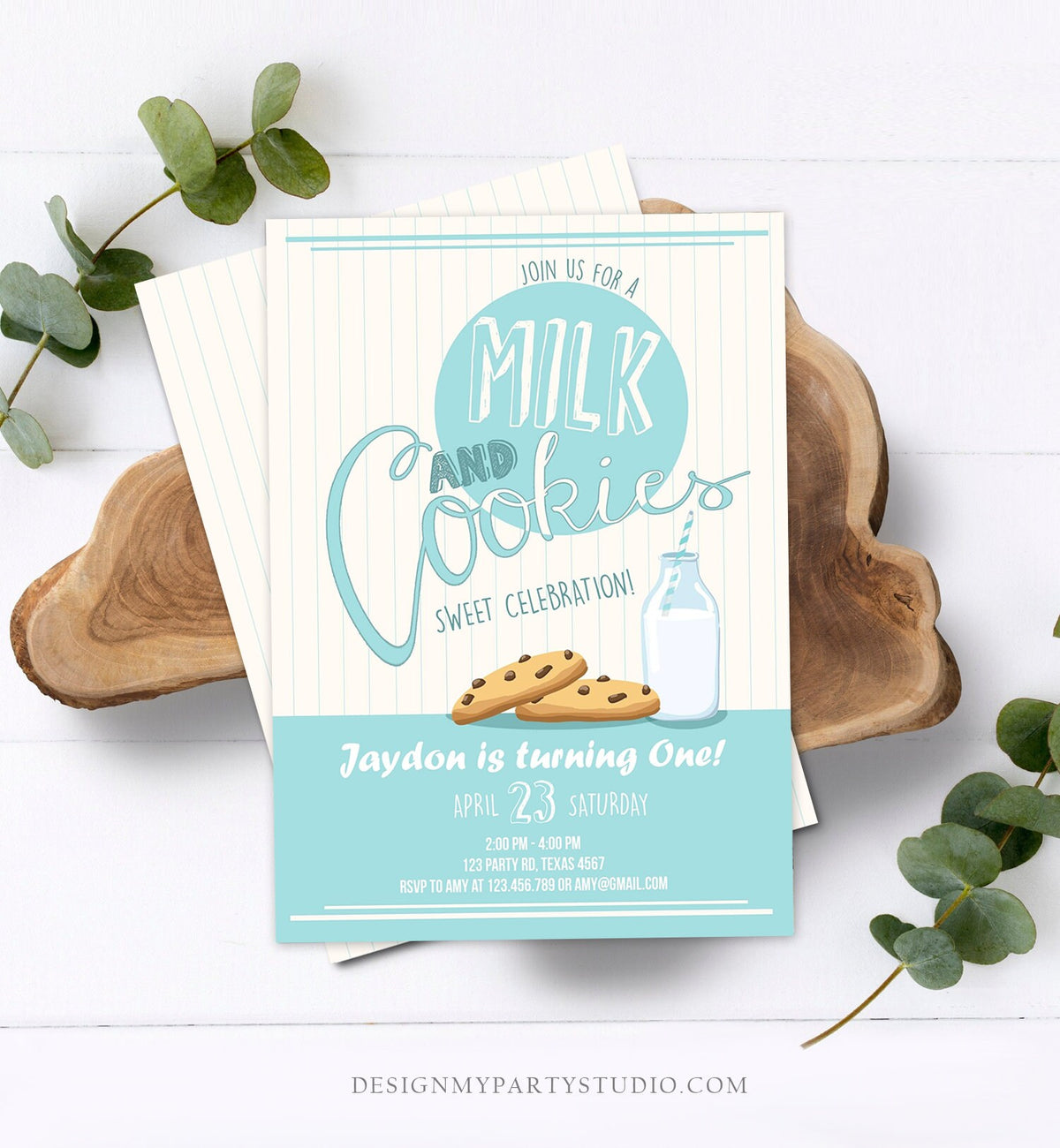 Editable Milk and Cookies Birthday Invitation Milk &amp; Cookies Party Boy Birthday Blue First Birthday Printable Download Template Corjl 0088