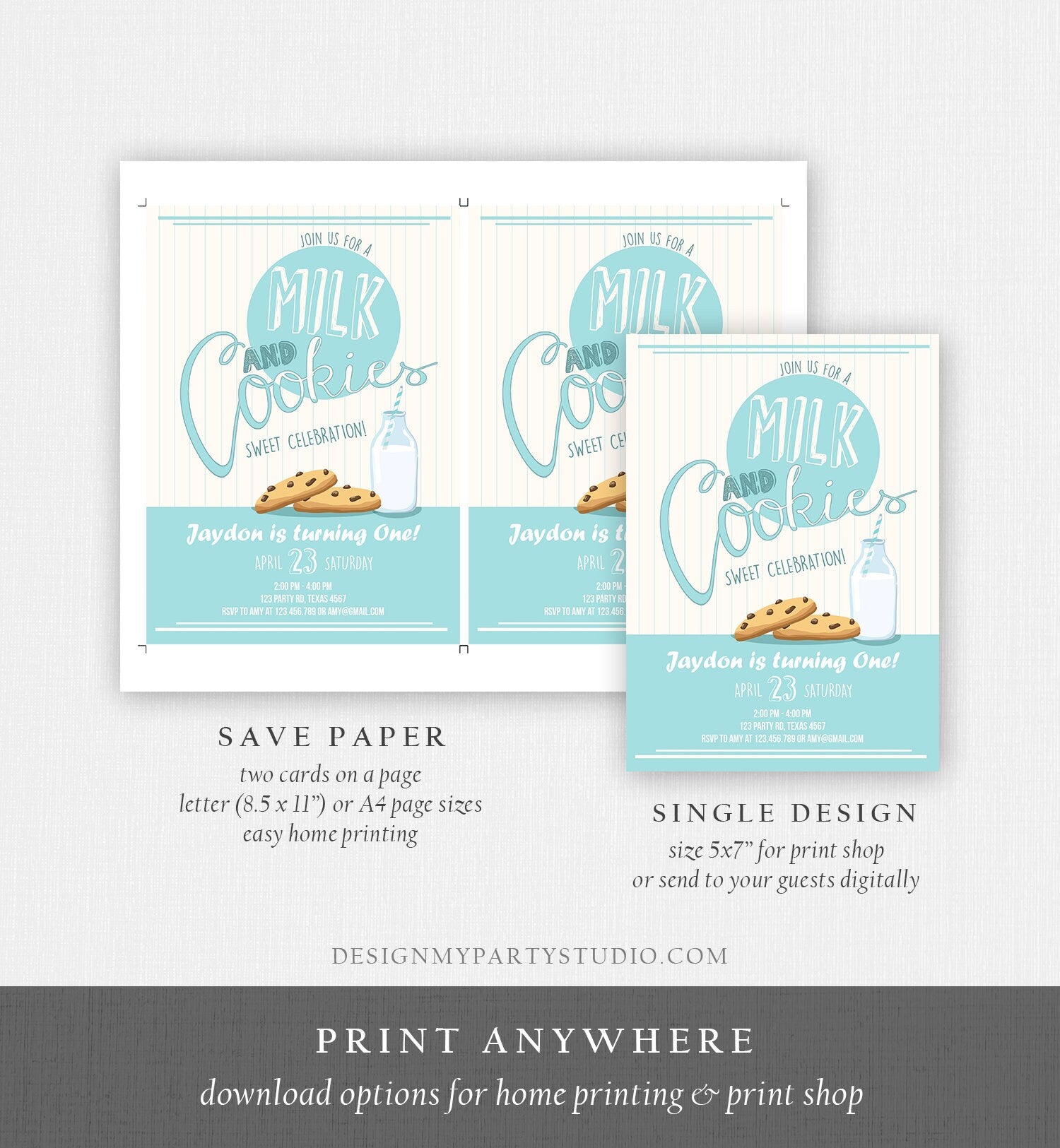 Editable Milk and Cookies Birthday Invitation Milk & Cookies Party Boy Birthday Blue First Birthday Printable Download Template Corjl 0088