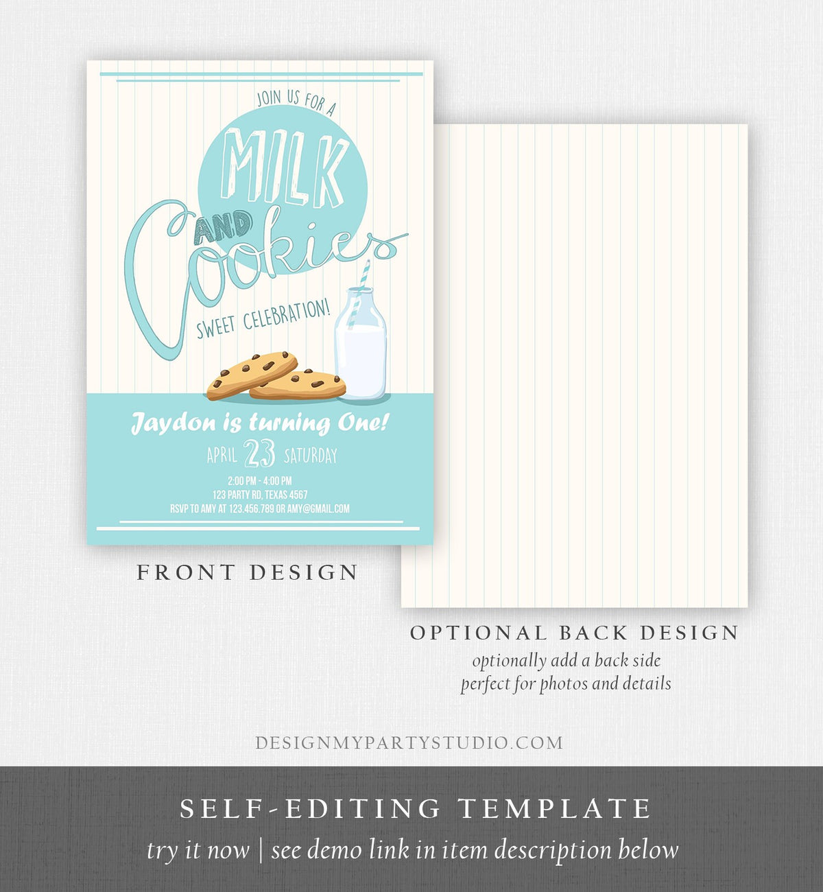 Editable Milk and Cookies Birthday Invitation Milk &amp; Cookies Party Boy Birthday Blue First Birthday Printable Download Template Corjl 0088