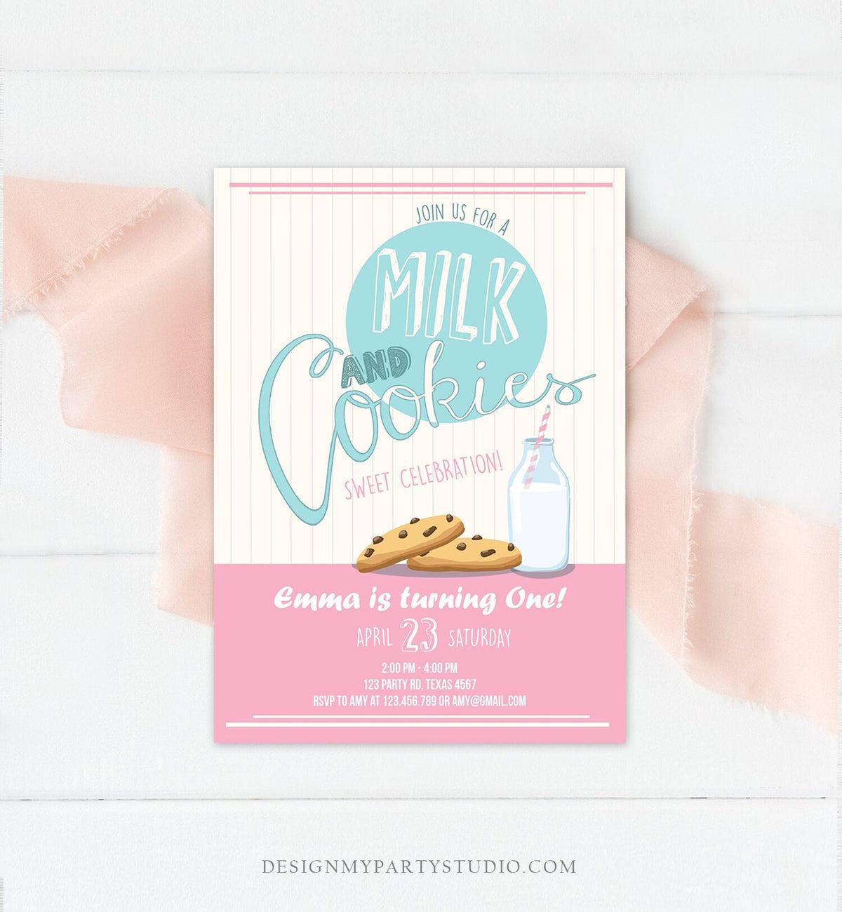 Editable Milk and Cookies Birthday Invitation Milk &amp; Cookies Party Girl Birthday Pink First Birthday Download Printable Template Corjl 0088
