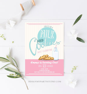 Editable Milk and Cookies Birthday Invitation Milk & Cookies Party Girl Birthday Pink First Birthday Download Printable Template Corjl 0088