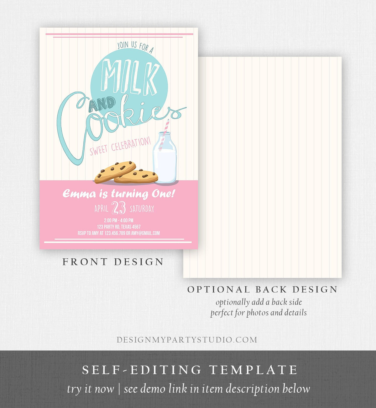 Editable Milk and Cookies Birthday Invitation Milk &amp; Cookies Party Girl Birthday Pink First Birthday Download Printable Template Corjl 0088