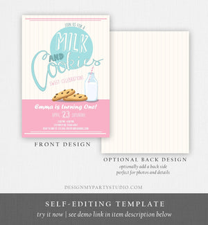Editable Milk and Cookies Birthday Invitation Milk & Cookies Party Girl Birthday Pink First Birthday Download Printable Template Corjl 0088