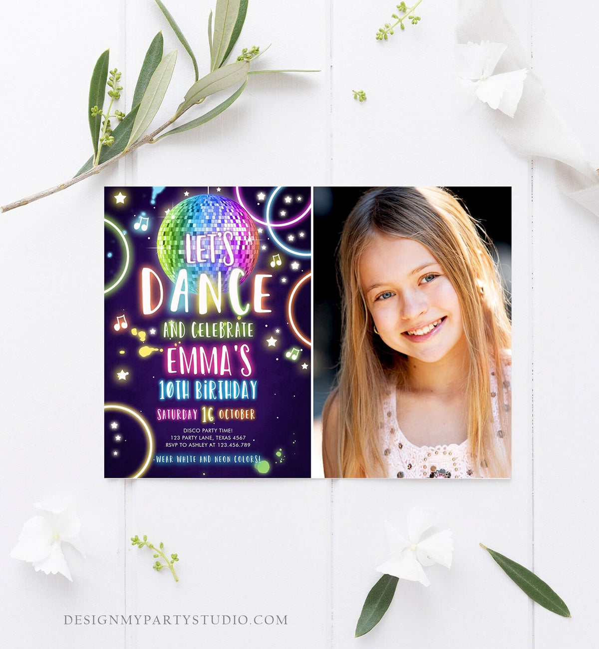 Editable Dance Party Birthday Invitation Disco Music Let&#39;s Dance Neon Glow In The Dark Party Girl Teen Pink Template Corjl Printable 0172