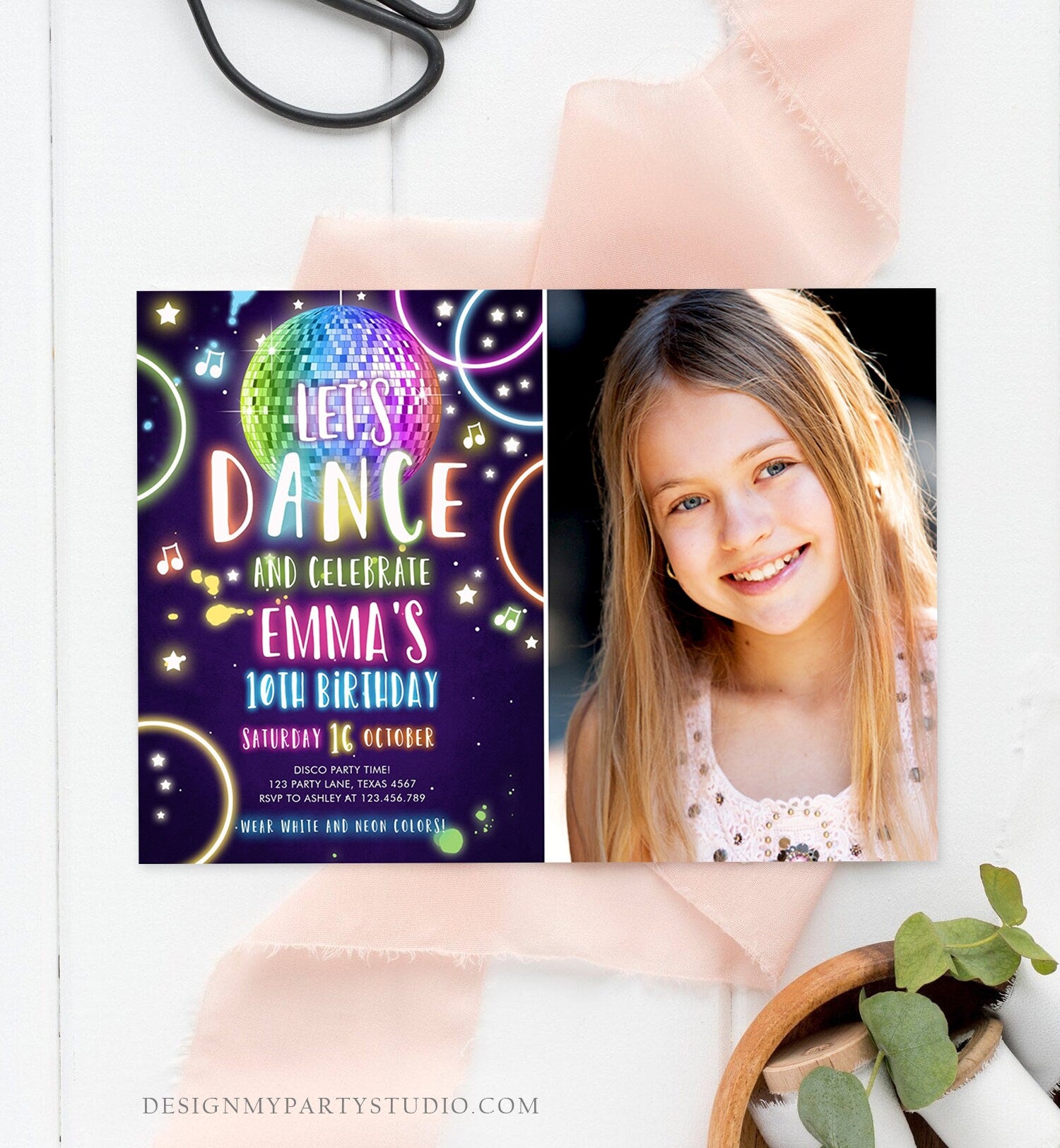 Editable Dance Party Birthday Invitation Disco Music Let's Dance Neon Glow In The Dark Party Girl Teen Pink Template Corjl Printable 0172