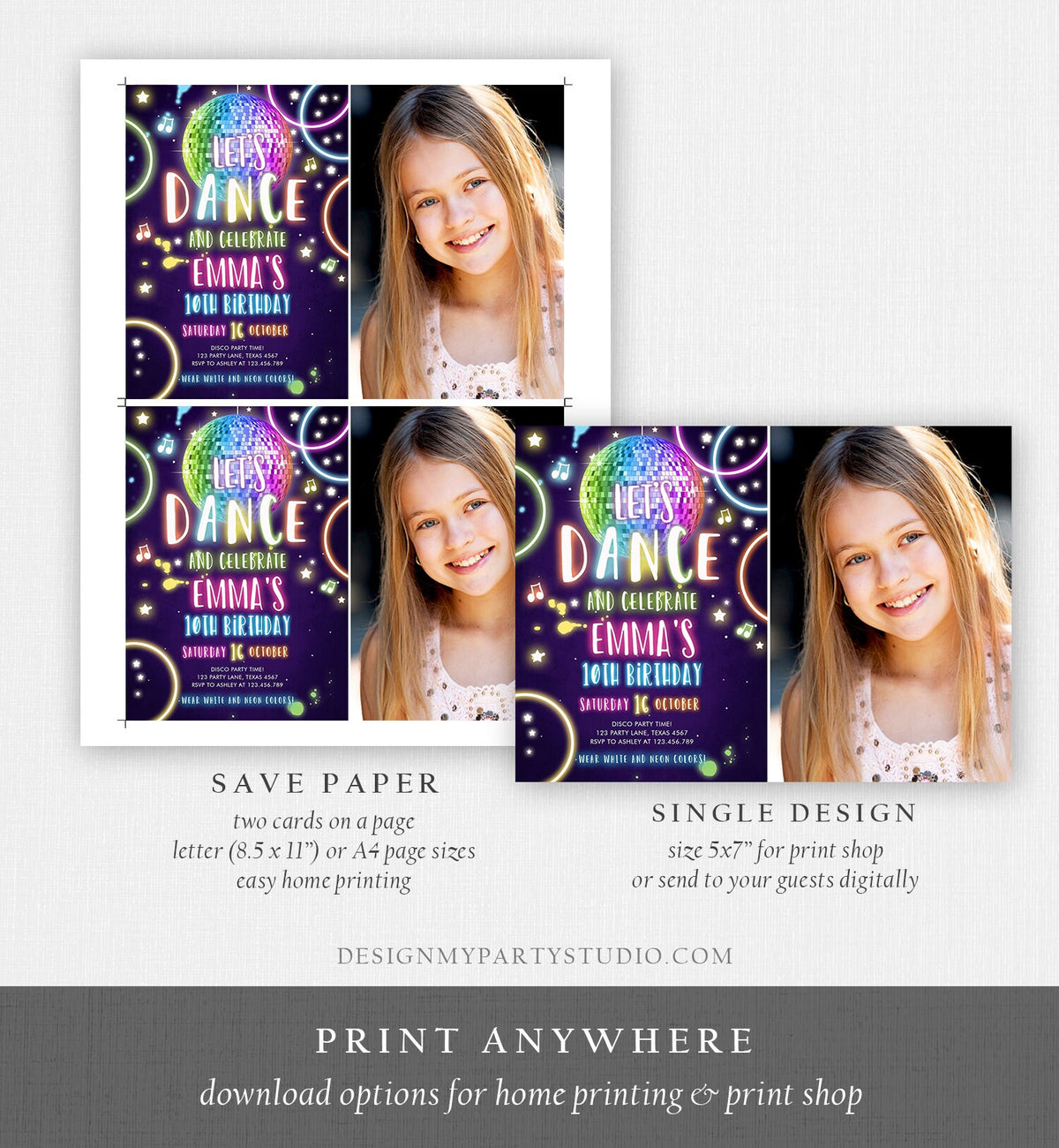 Editable Dance Party Birthday Invitation Disco Music Let&#39;s Dance Neon Glow In The Dark Party Girl Teen Pink Template Corjl Printable 0172
