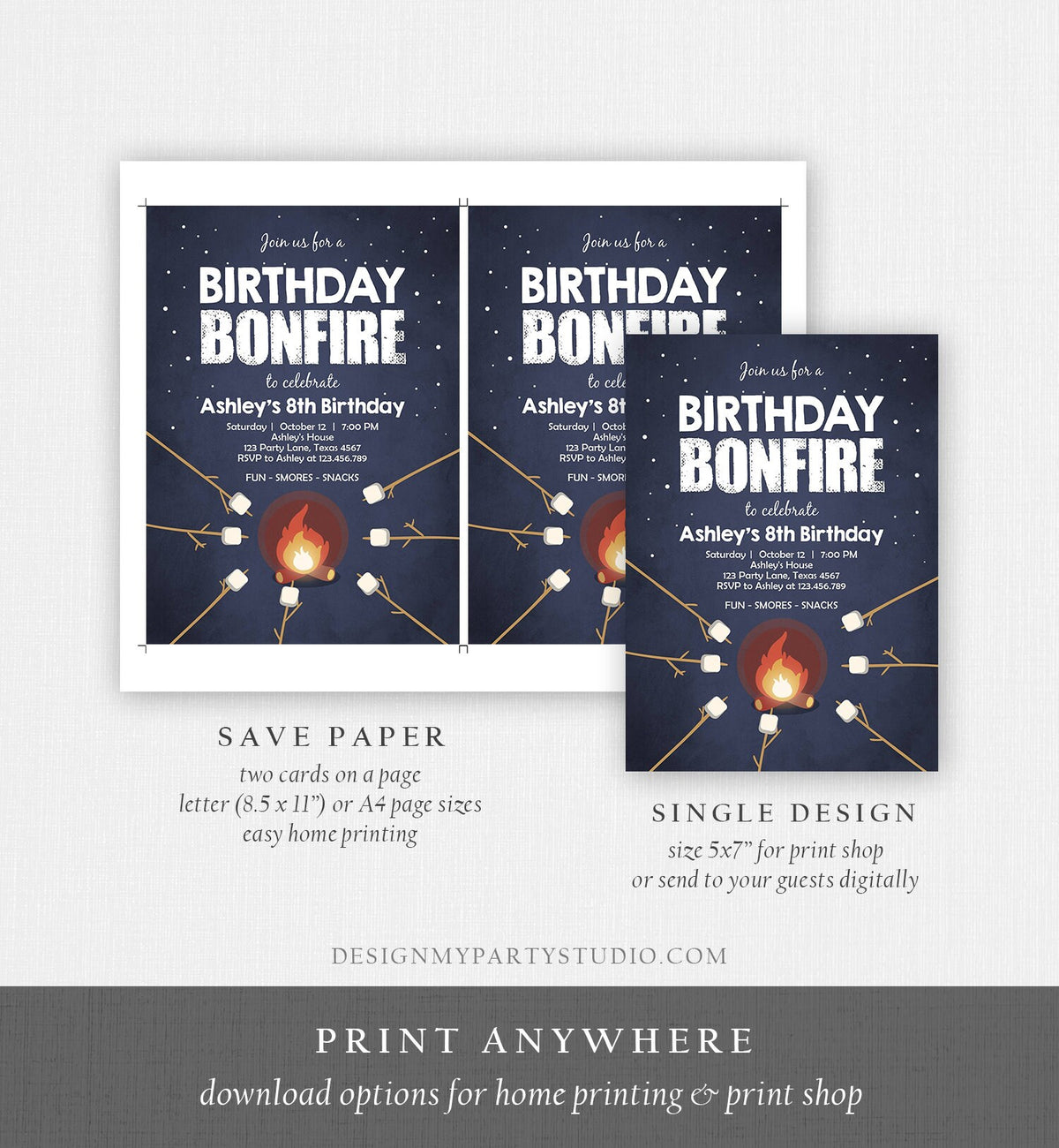 Editable Birthday Bonfire Invitation Camping Smore Fun Cookout Party S&#39;more Birthday Download Printable Invite Template Corjl Digital 0268