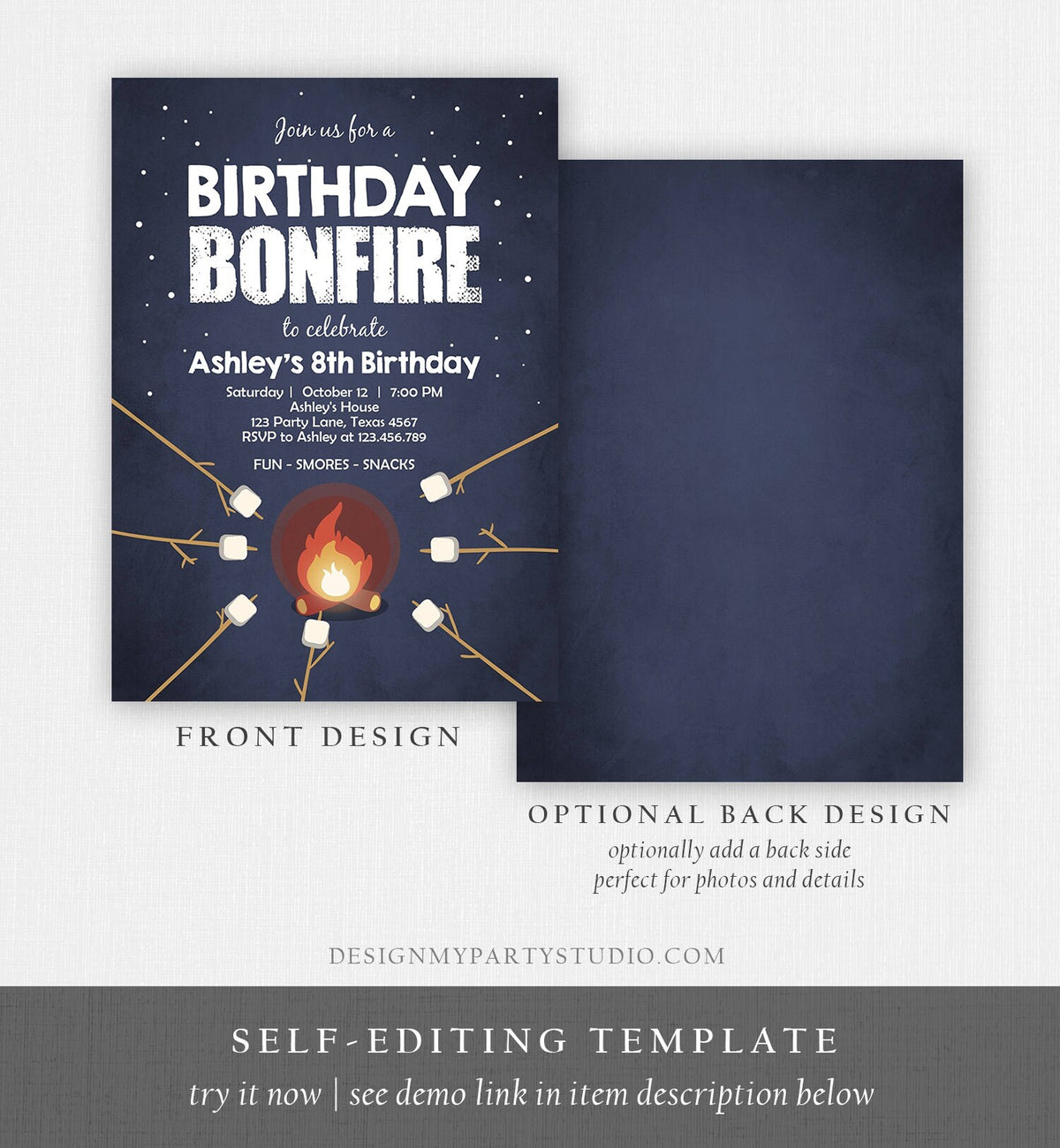 Editable Birthday Bonfire Invitation Camping Smore Fun Cookout Party S&#39;more Birthday Download Printable Invite Template Corjl Digital 0268