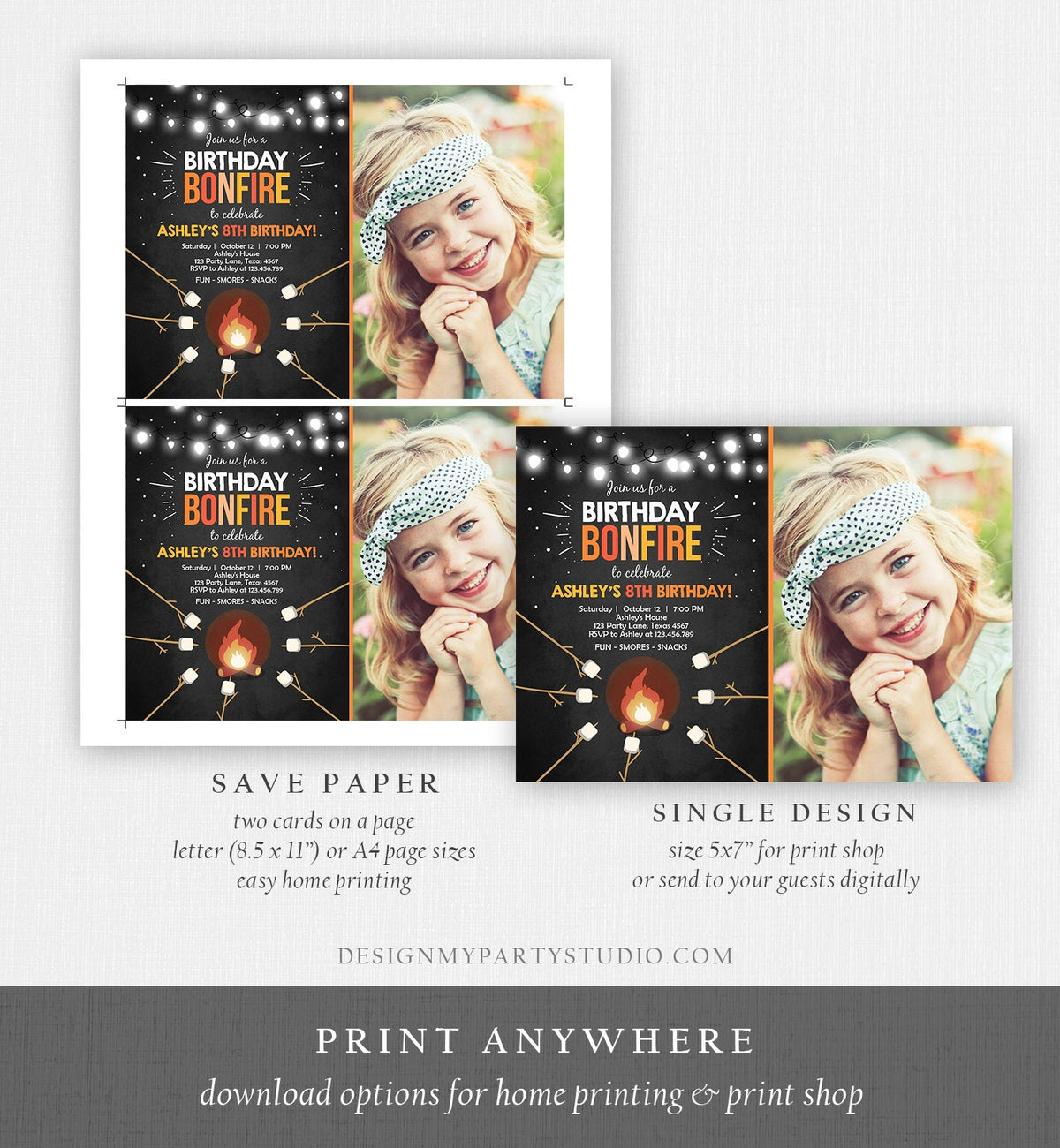 Editable Birthday Bonfire Invitation Camping Smore Fun Cookout Party S&#39;more Birthday Download Printable Invite Template Corjl Digital 0014